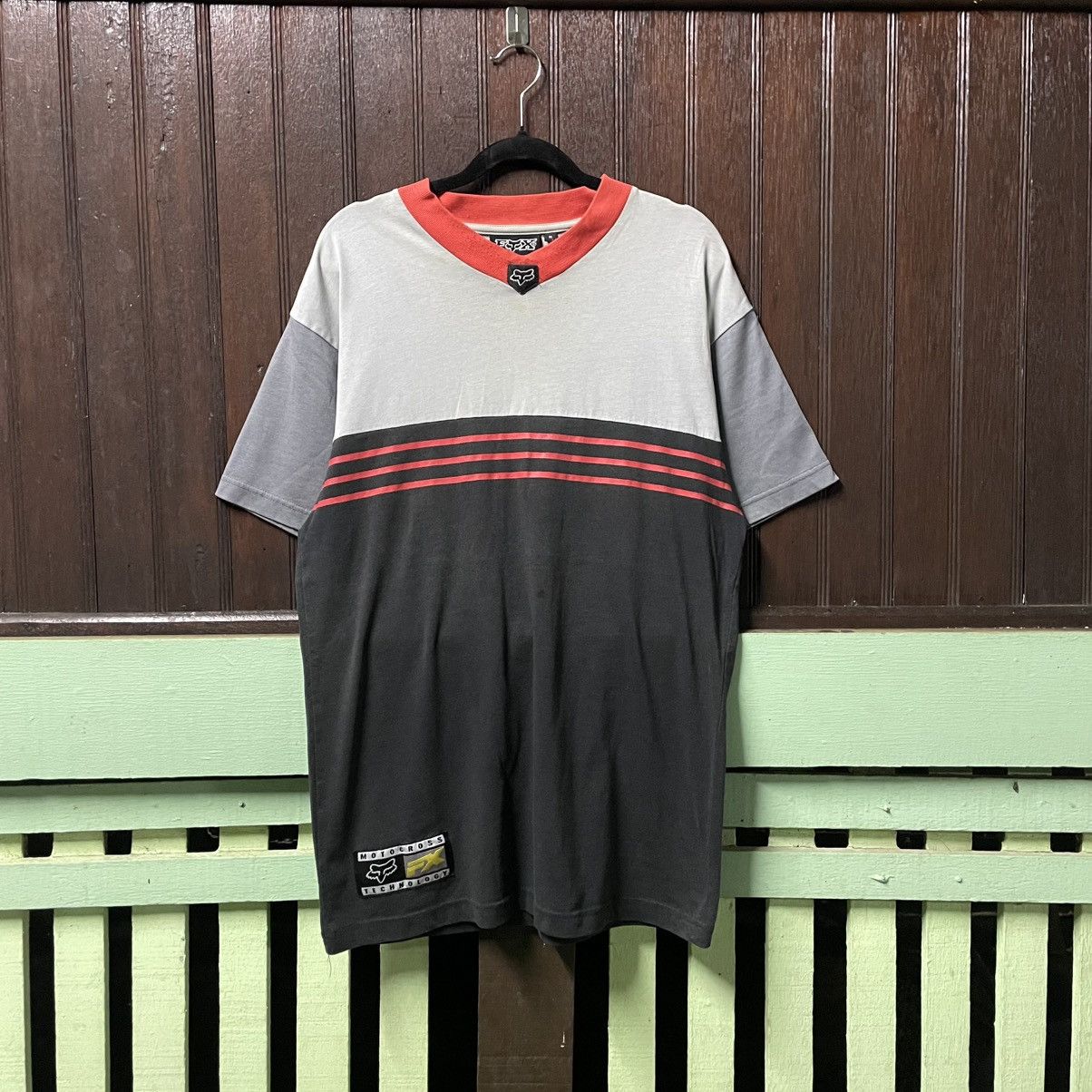 Fox Racing 🔥Vintage Fox Racing Motocross Tricolour Striped V Neck Tee Size US M / EU 48-50 / 2 - 1 Thumbnail