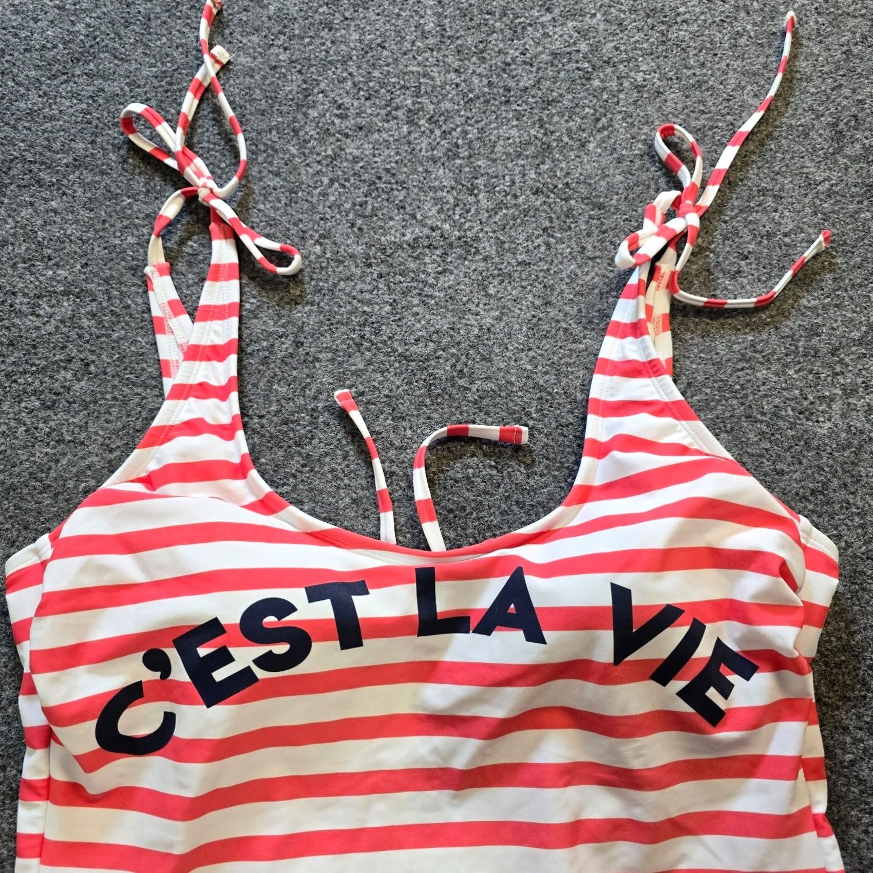 Vintage Kona Sol Swimsuit One Piece Womens XL Red White Striped French Sailor Low Cut Beach Pattern Nylon SS? Size ONE SIZE - 2 Thumbnail