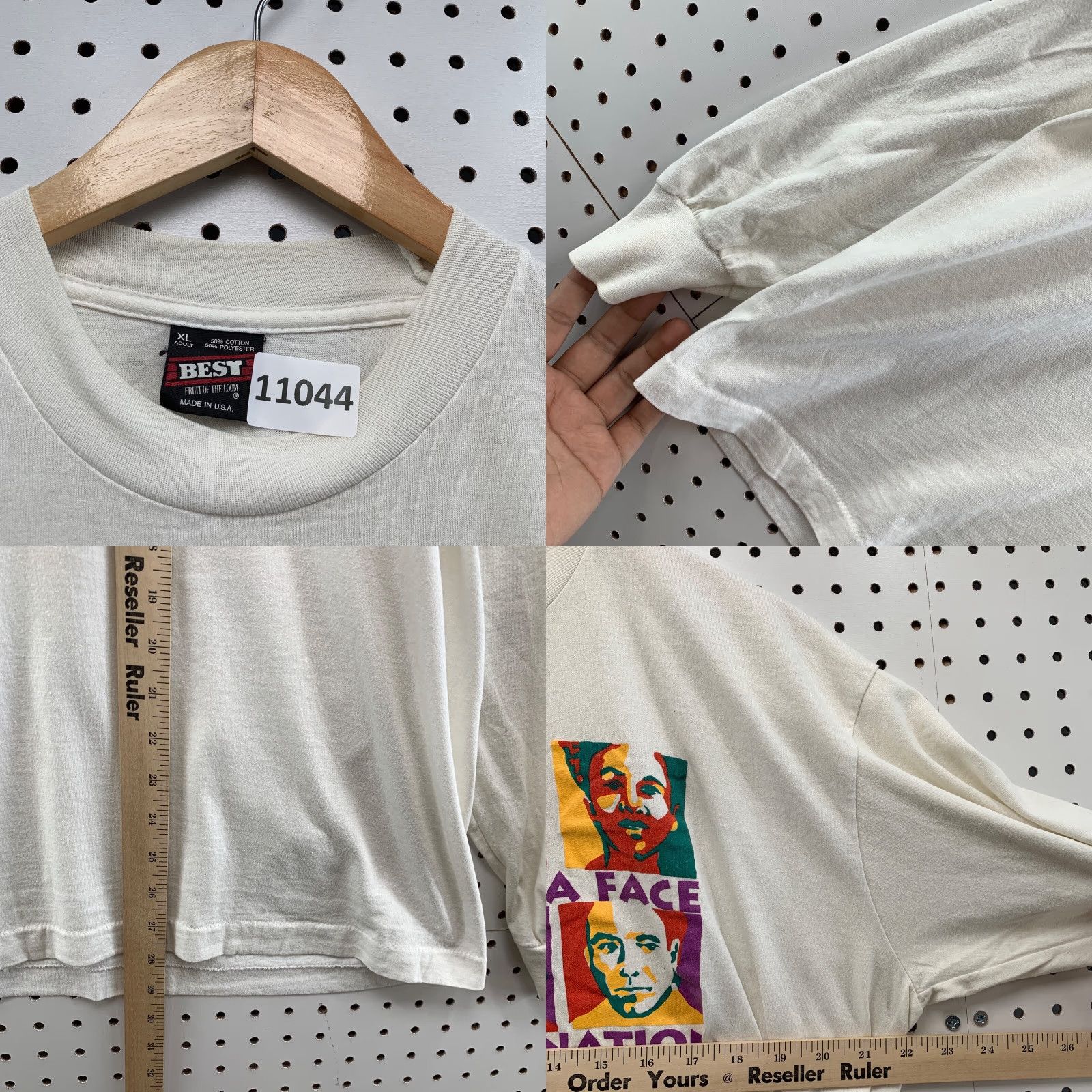 Fruit Of The Loom VINTAGE Hunger Has a Face Shirt Mens L White 90s Love Peace T-Shirt USA 22x29.5 Size US L / EU 52-54 / 3 - 8 Thumbnail