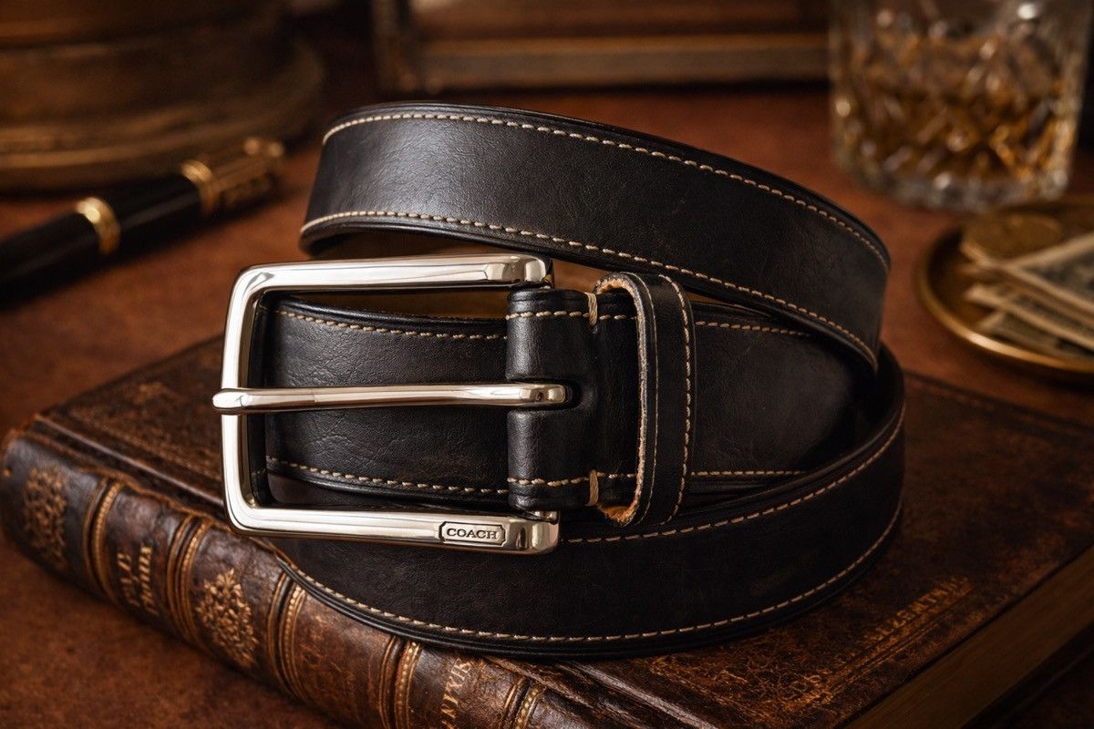 Coach Coach Black Leather Belt Contrast Stitch Silver Buckle 80cm Size 32 - 1 Thumbnail