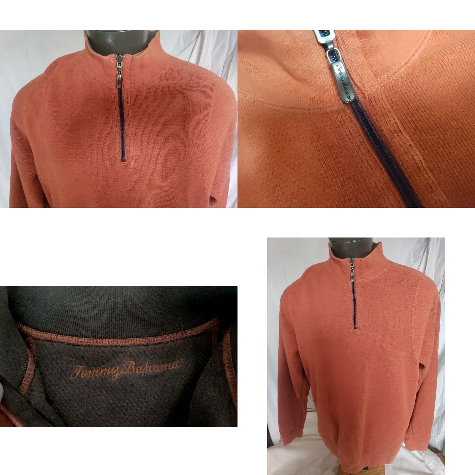 TOMMY BAHAMA Men's Orange & Brown Cotton Reversible 1/4 Zip Mock Neck Sweater L-XL