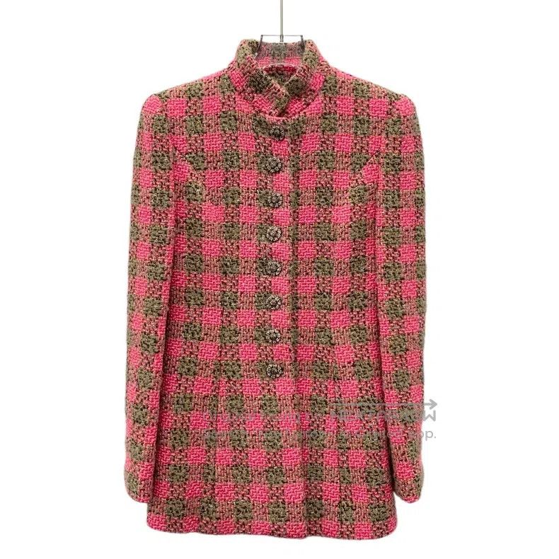 Chanel Chanel 22K pink plaid stand-up collar tweed jacket Size XXS / US 00 / IT 34 - 1 Thumbnail