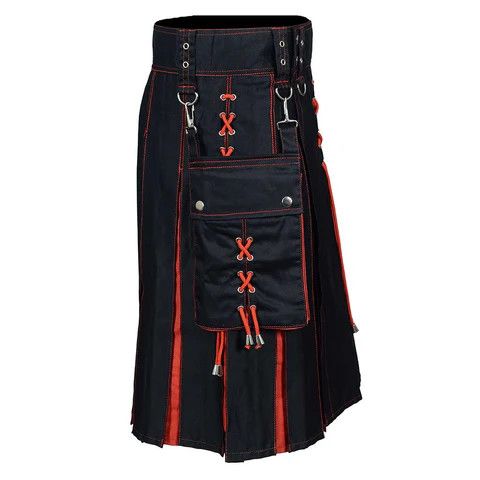 Other Fashion Utility Black Hybrid Kilt with Red Pleats and Lacing Size US 42 / EU 58 - 3 Thumbnail