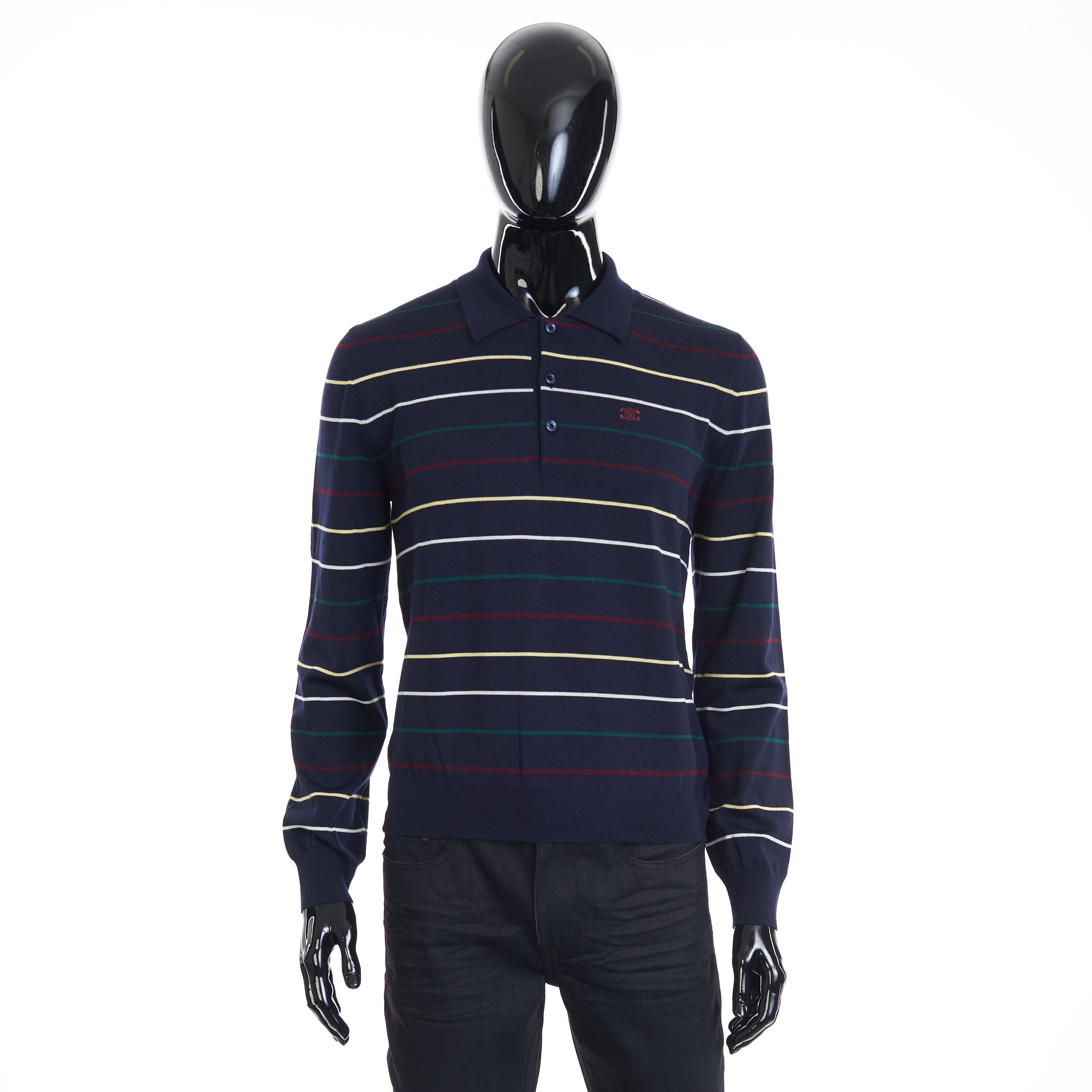 image of Celine Navy Blue Striped Polo Shirt - Embroidery, Fine Wool, Men's (Size Small)