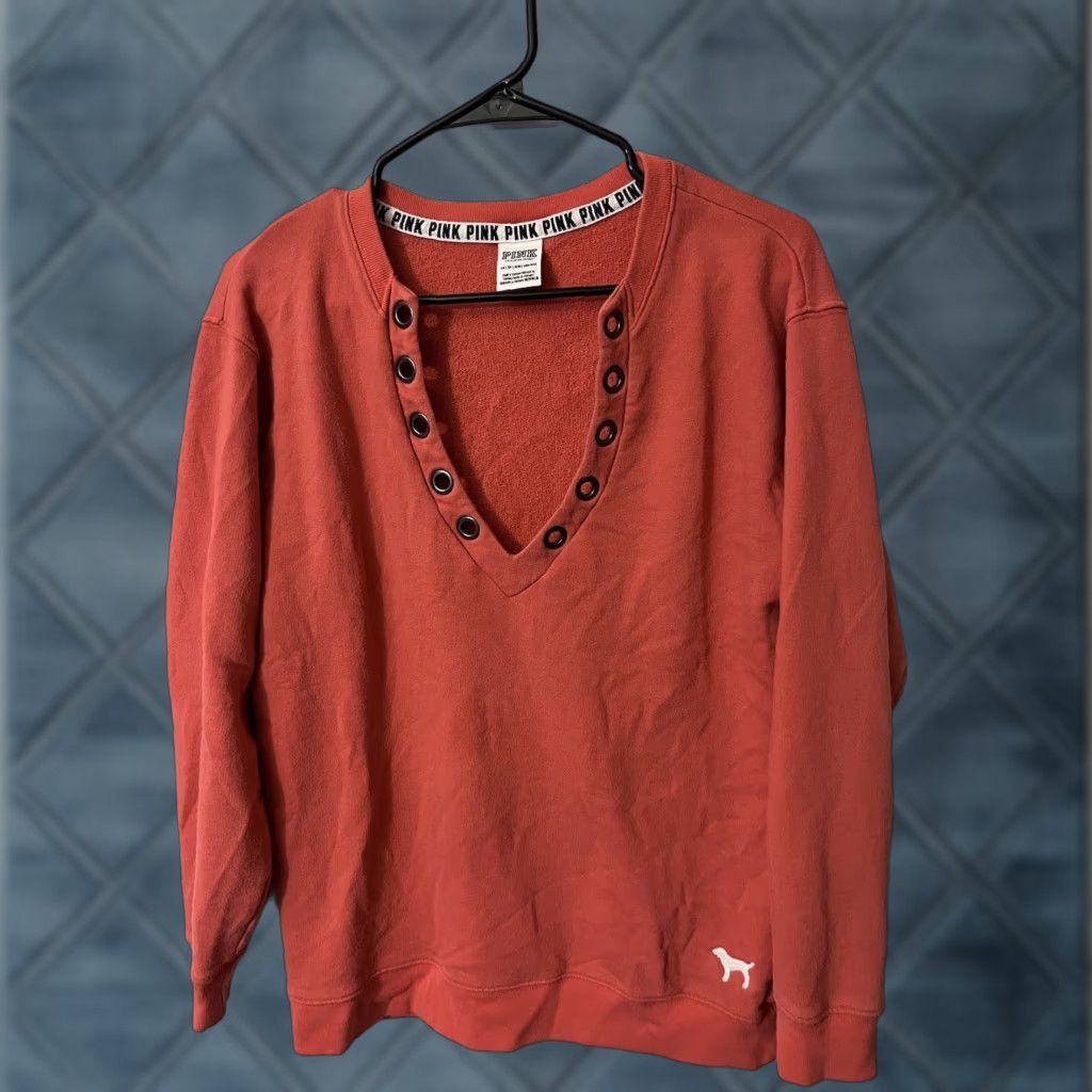 Pinko Victoria's Secret PINK Sweatshirt Women XS Red V-Neck Lace Up Logo Activewear Size XS / US 0-2 / IT 36-38 - 1 Thumbnail