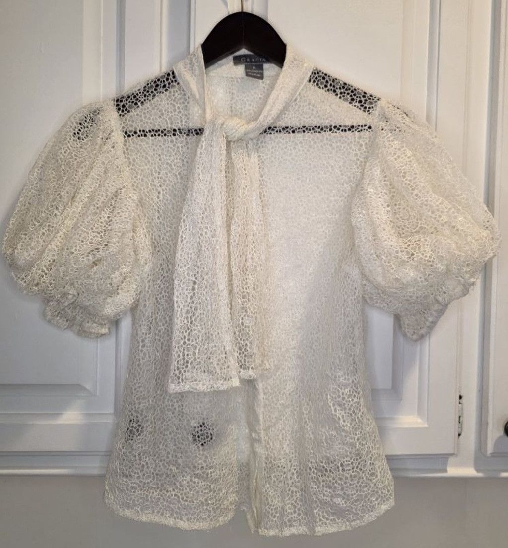 Pedro Garcia Gracia Sheer Lace Puff Sleeve Tie Neck Blouse Romantic Coque Size M / US 6-8 / IT 42-44 - 2 Thumbnail