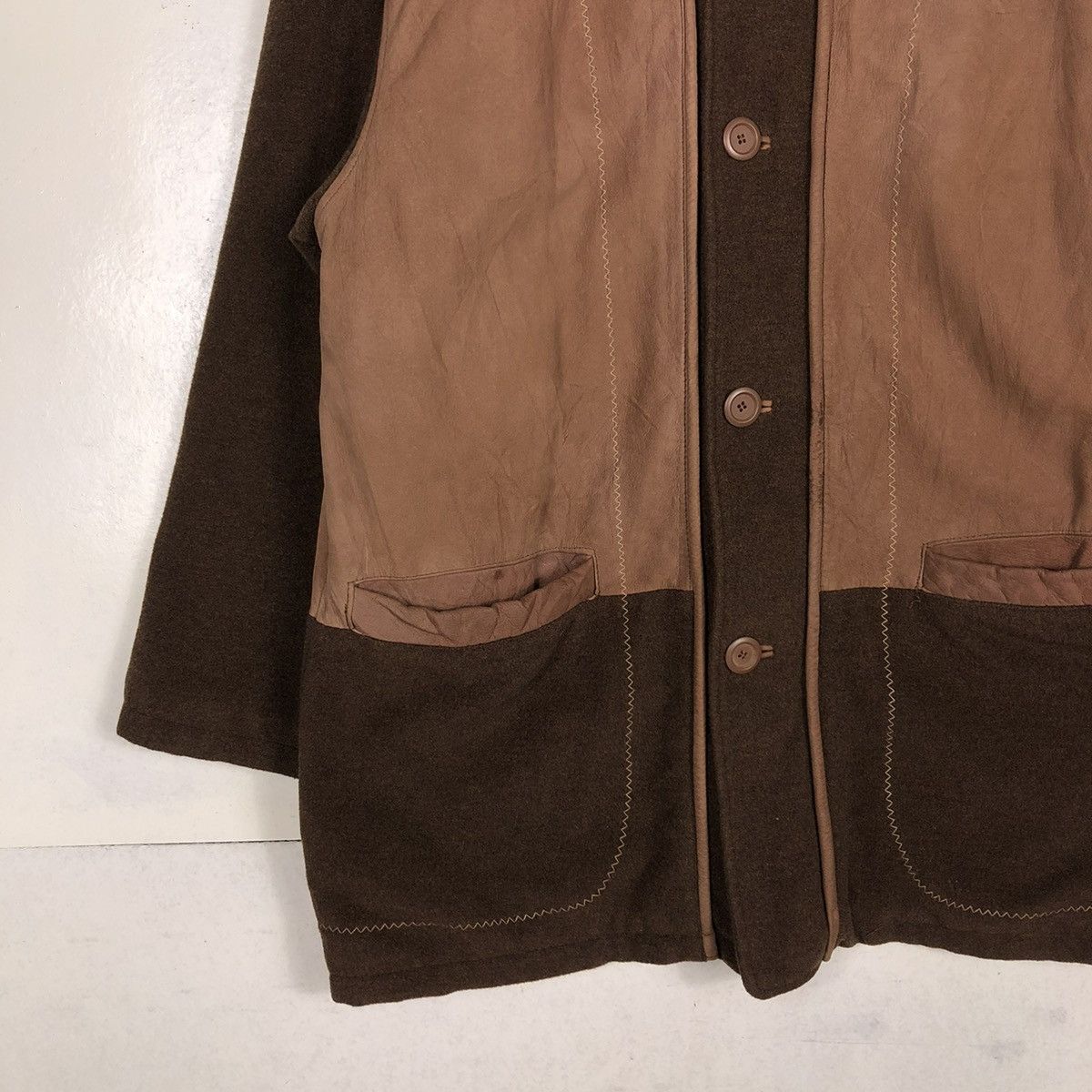 Vintage 📌 WOOL CHORE LEATHER COLLAR JACKET BLUE EFORST ISSEY MIYAKE Size US M / EU 48-50 / 2 - 6 Thumbnail