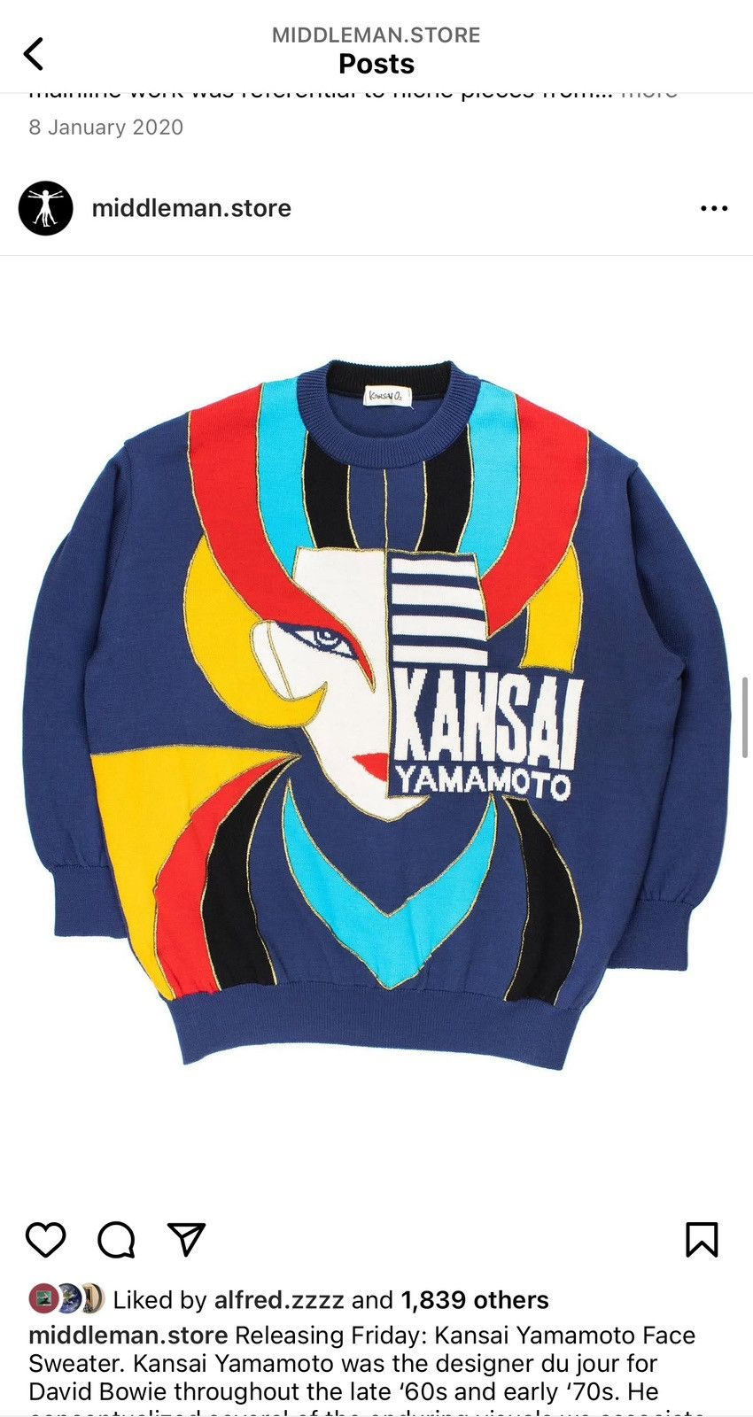 Kansai Yamamoto Kansai Yamamoto 80s Face Sweater tribute to David Bowie Size US L / EU 52-54 / 3 - 7 Thumbnail