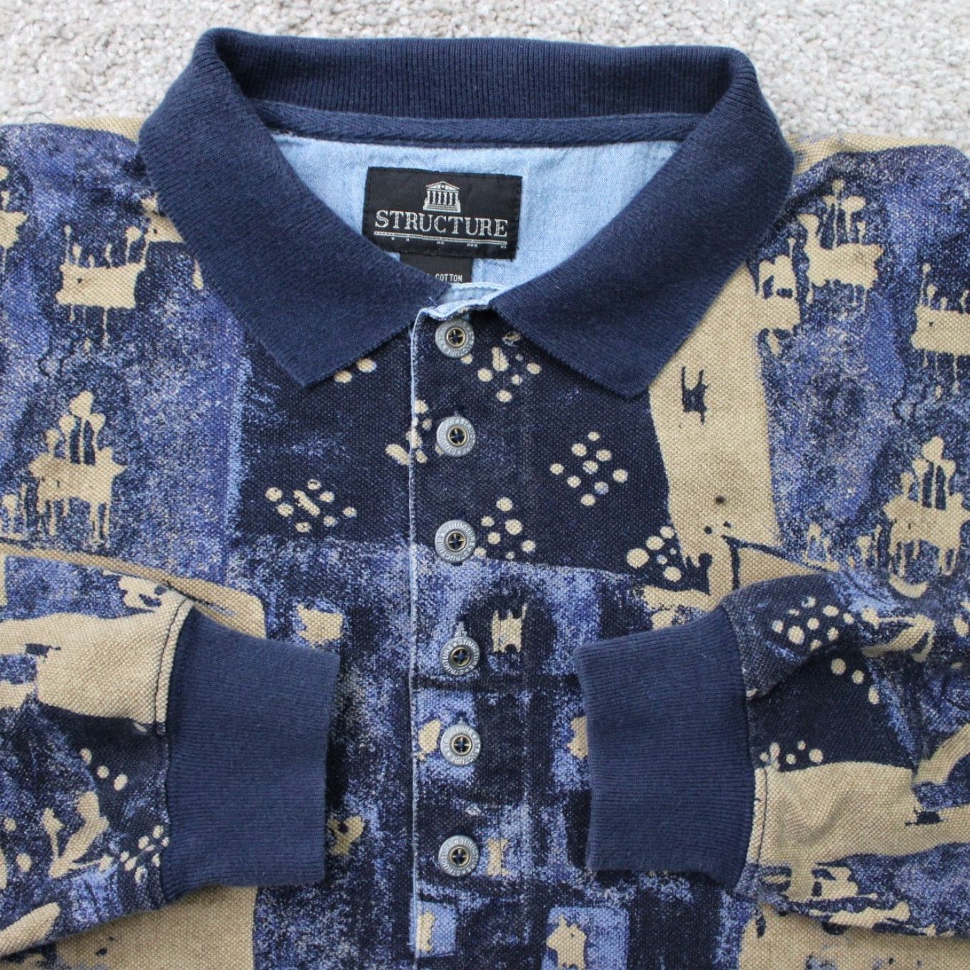Vintage Structure Polo Shirt Mens Medium Blue/Tan Geometric 100% Cotton Long Sleeve Size US M / EU 48-50 / 2 - 2 Thumbnail