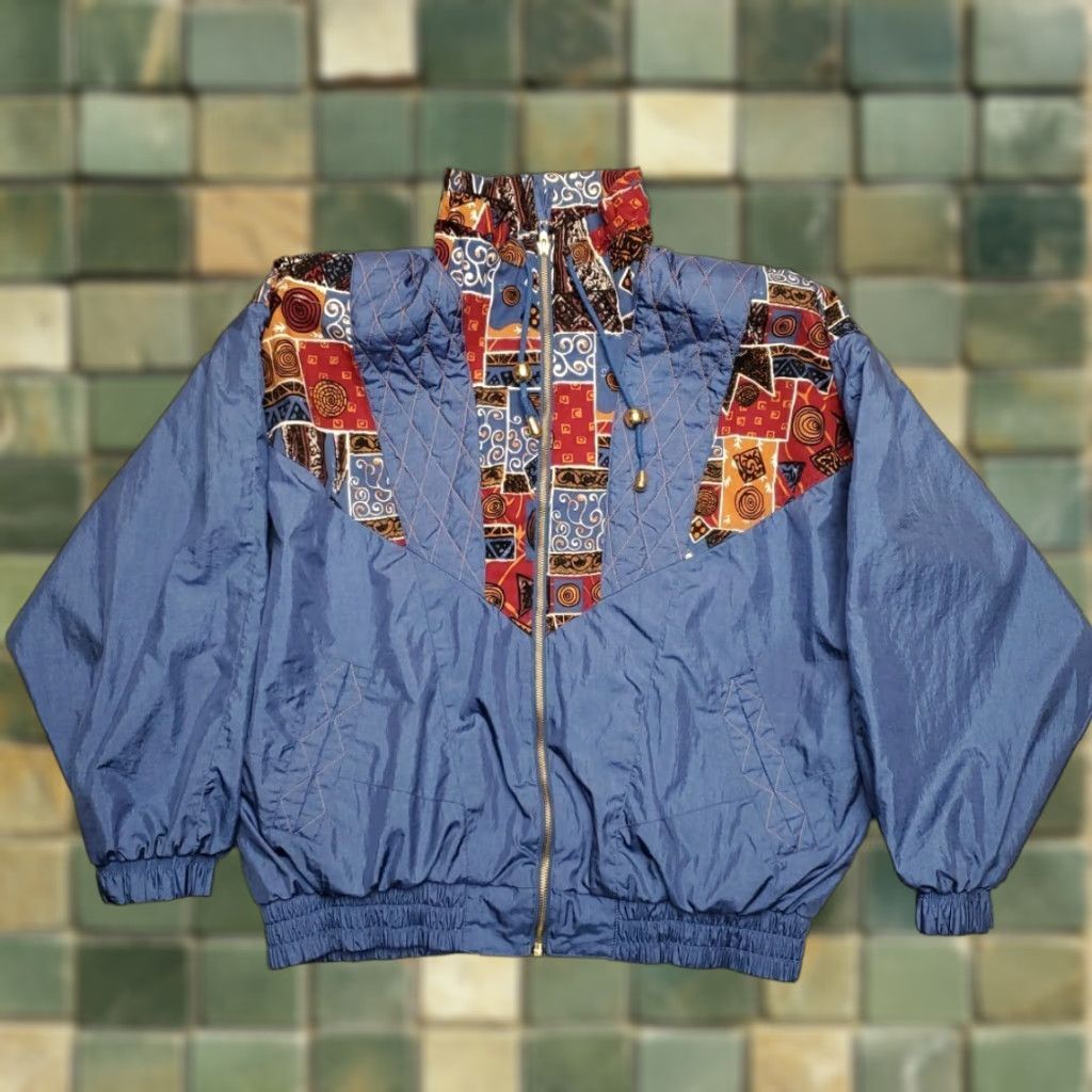 Vintage VINTAGE Windbreaker Jacket Womens L Blue 80s 90s Diamond Patchwork Print Retro Size L / US 10 / IT 46 - 1 Thumbnail