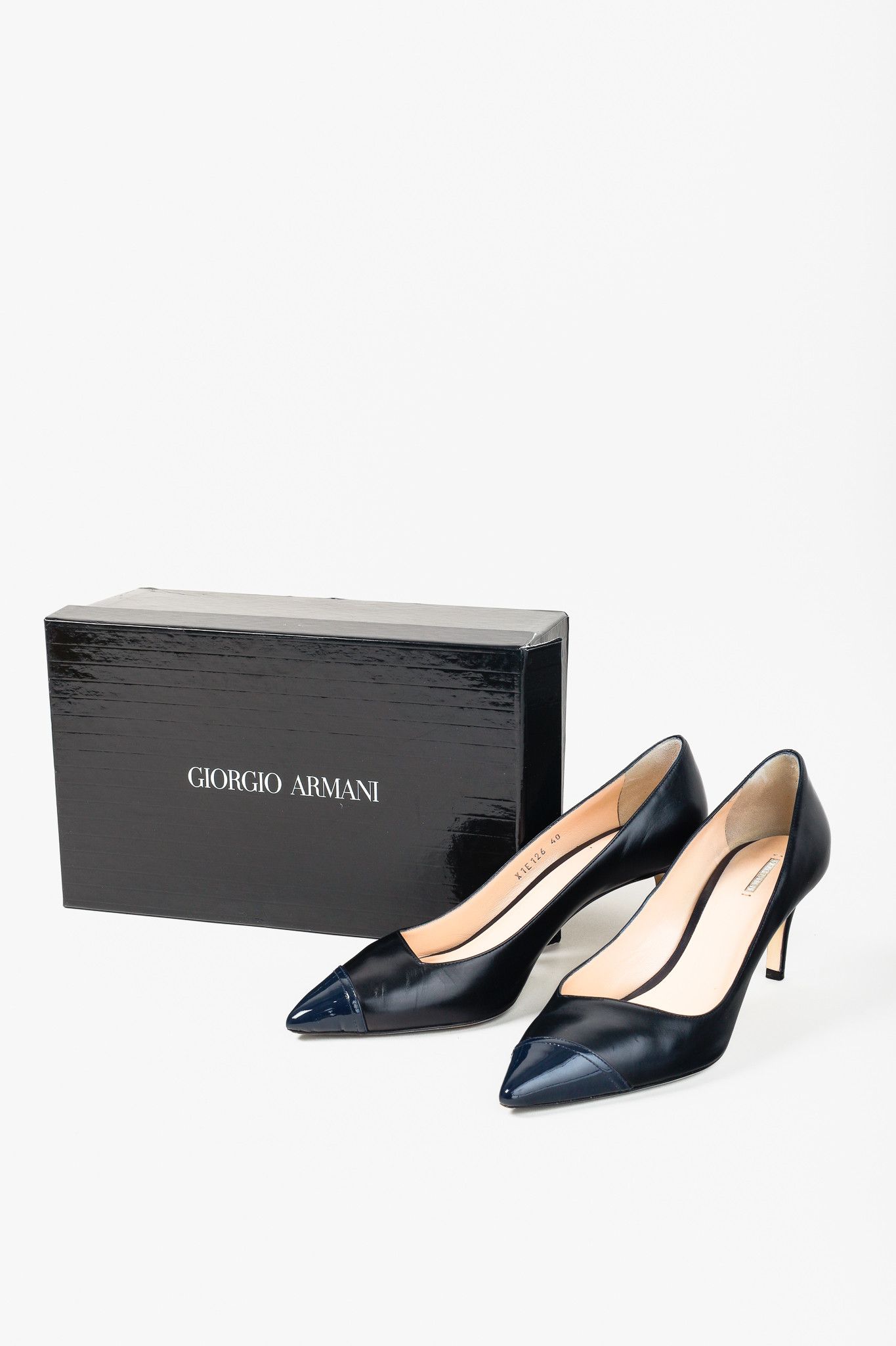 Giorgio Armani Giorgio Armani Navy Blue Leather Pointed-Cap-Toe Pumps Size US 9.5 / IT 39.5 - 3 Thumbnail