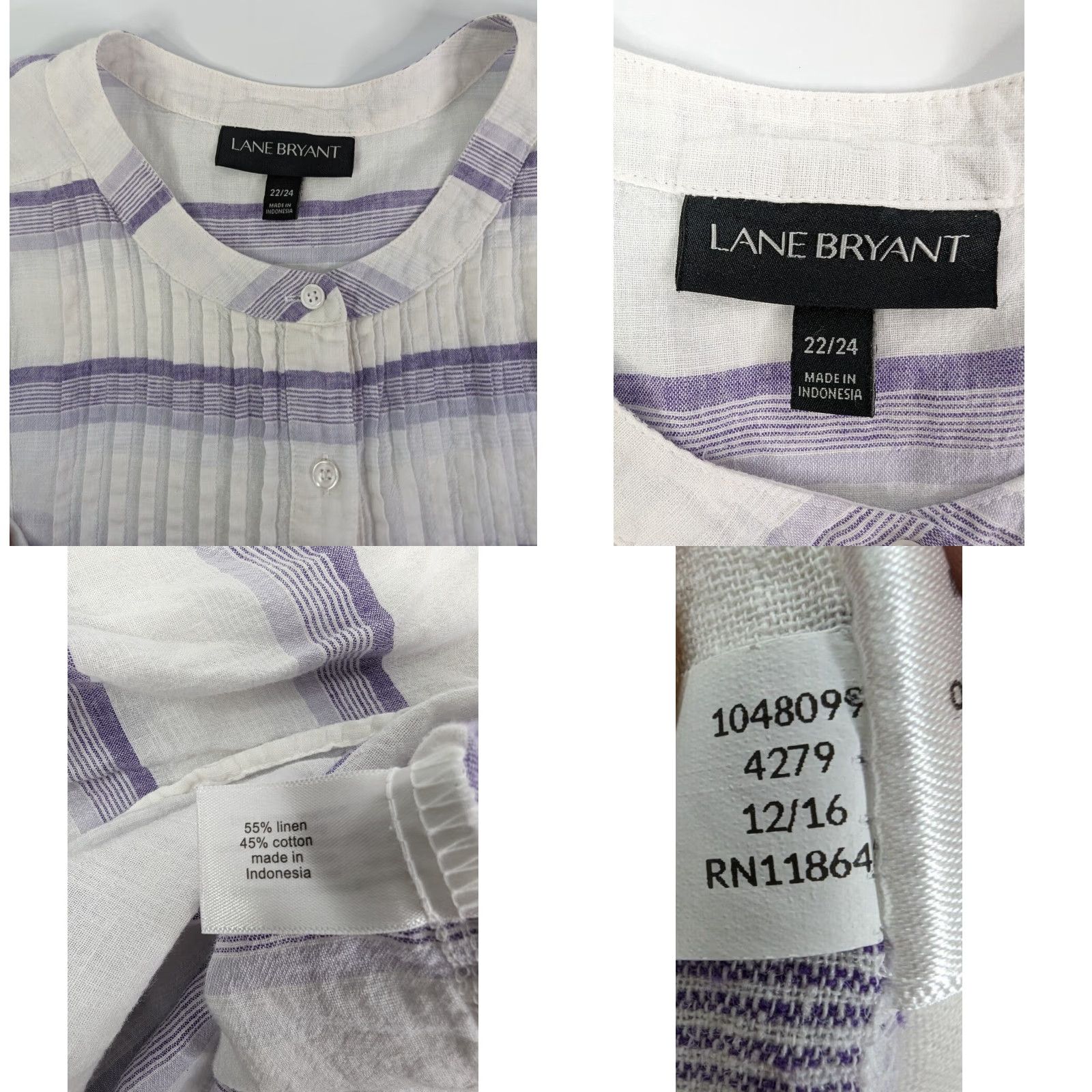 Vintage Lane Bryant Shirt Womens 22/24 Plus Linen Tunic Purple White Stripe Pleated Bohemian Casual Tunic Blouse Size 3XL / US 20-22 - 8 Thumbnail