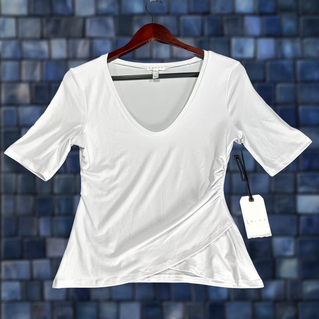 Vintage Leith Womens Medium White Stretch Knit Tee 3/4 Sleeve Ruched Side NEW Shirt Mens Womens Size M / US 6-8 / IT 42-44 - 1 Thumbnail