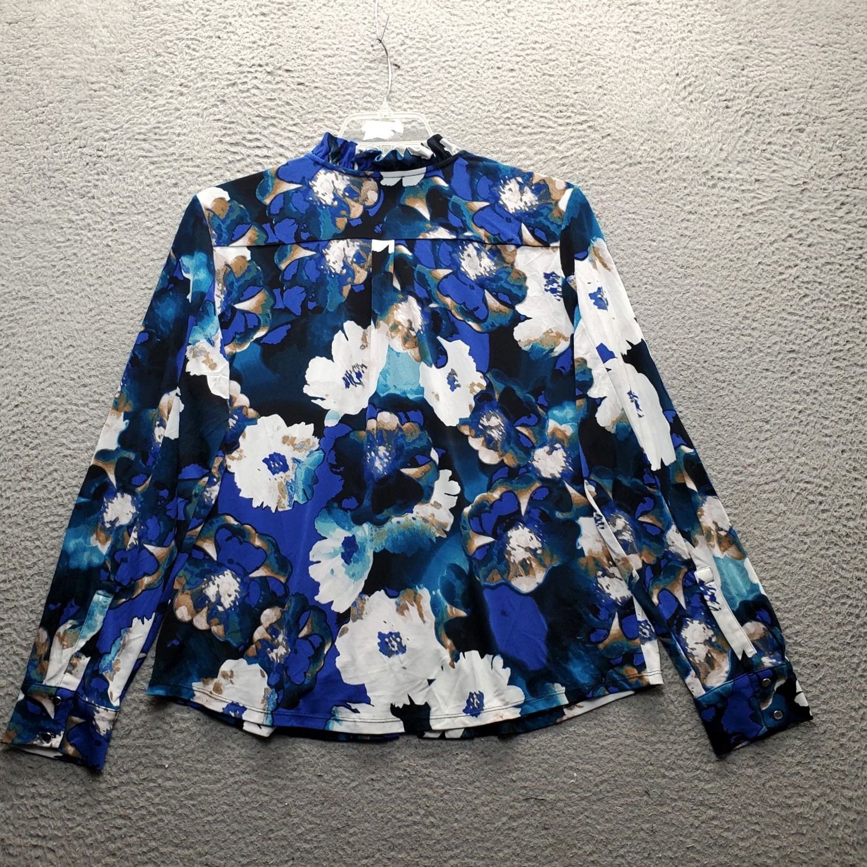 Calvin Klein Calvin Klein Blouse Top Womens L Blue Floral Stretch Ruffle V-Neck Button Front Size L / US 10 / IT 46 - 2 Thumbnail