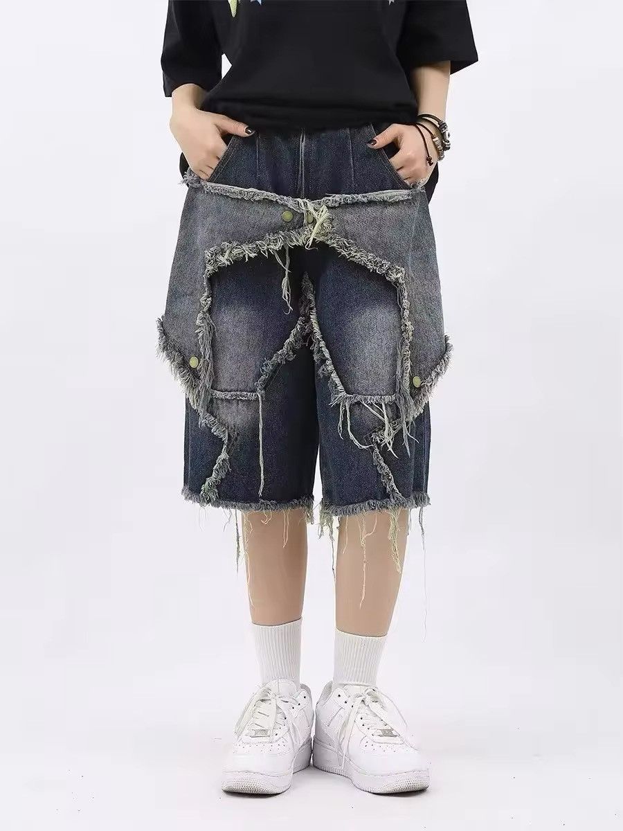 Japanese Brand retro star patch tassel denim short Size US 29 - 2 Thumbnail