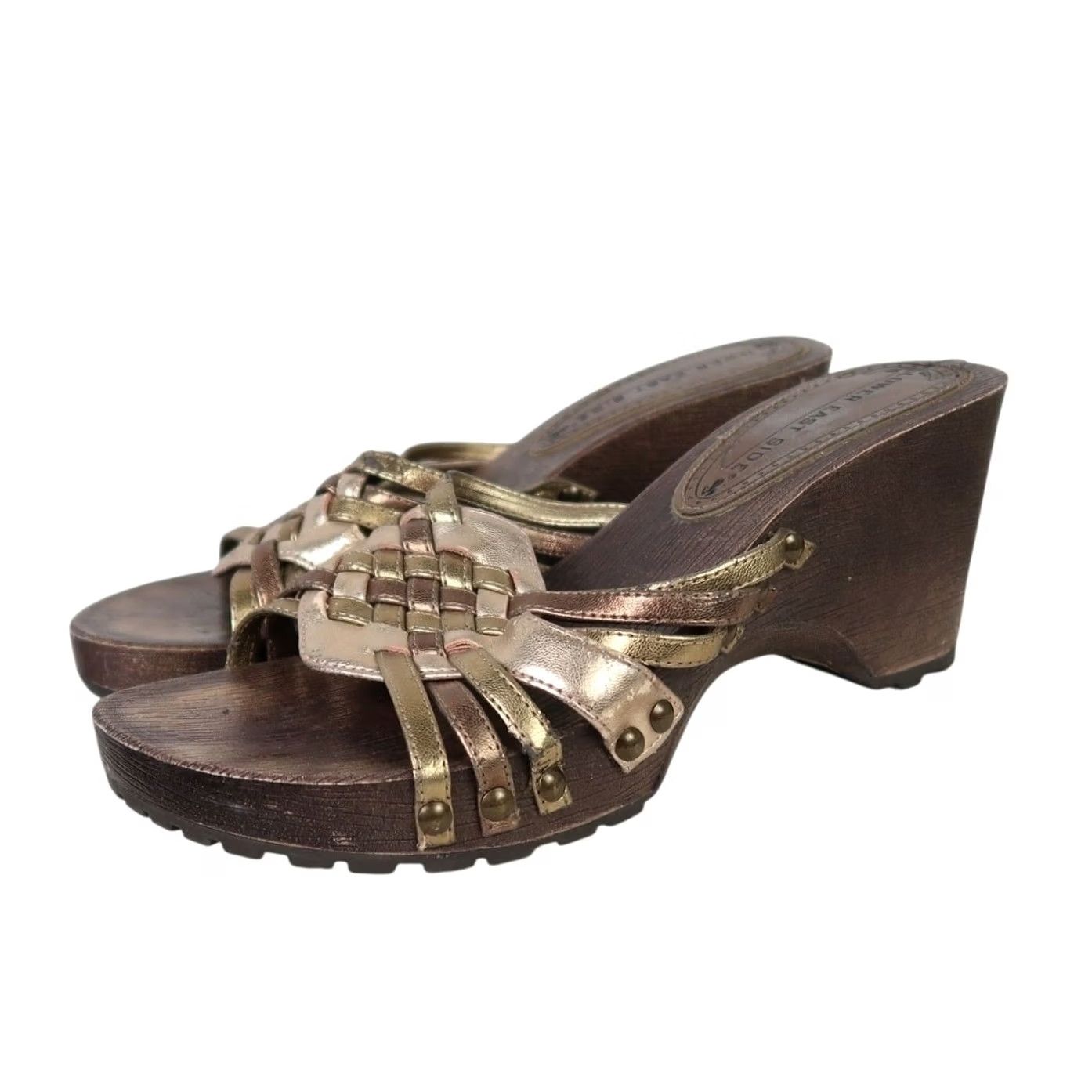 Vintage VINTAGE Lower East Side Metallic Gold Faux Leather Woven Mule Sandal Heels 6 Women's 90s Bohemian Hippie 2.75" Heel Size US 6 / IT 36 - 4 Thumbnail