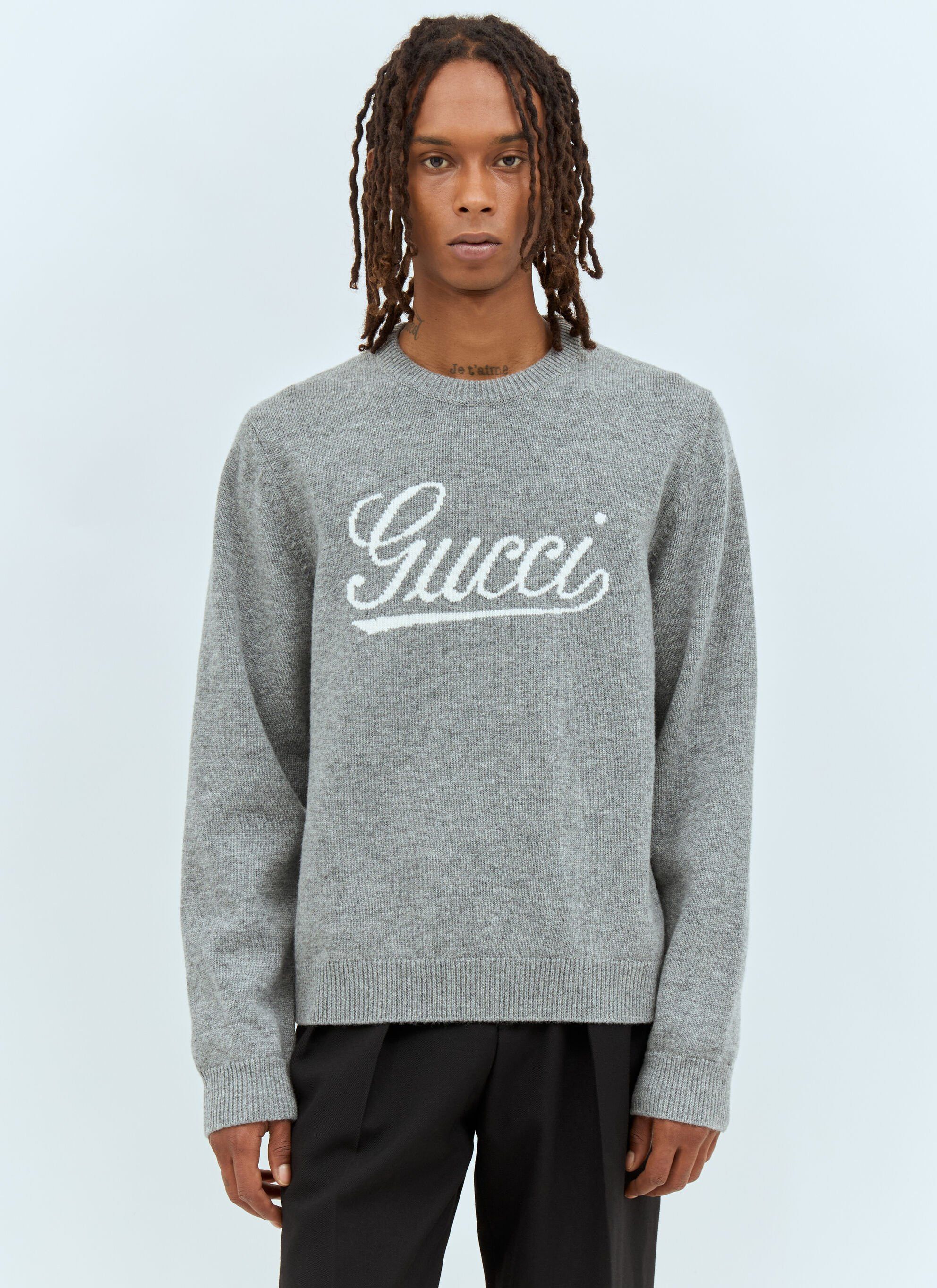 Gucci Gucci Logo Intarsia Wool Sweater – Grey Mélange – Size L Size US L / EU 52-54 / 3 - 10 Thumbnail