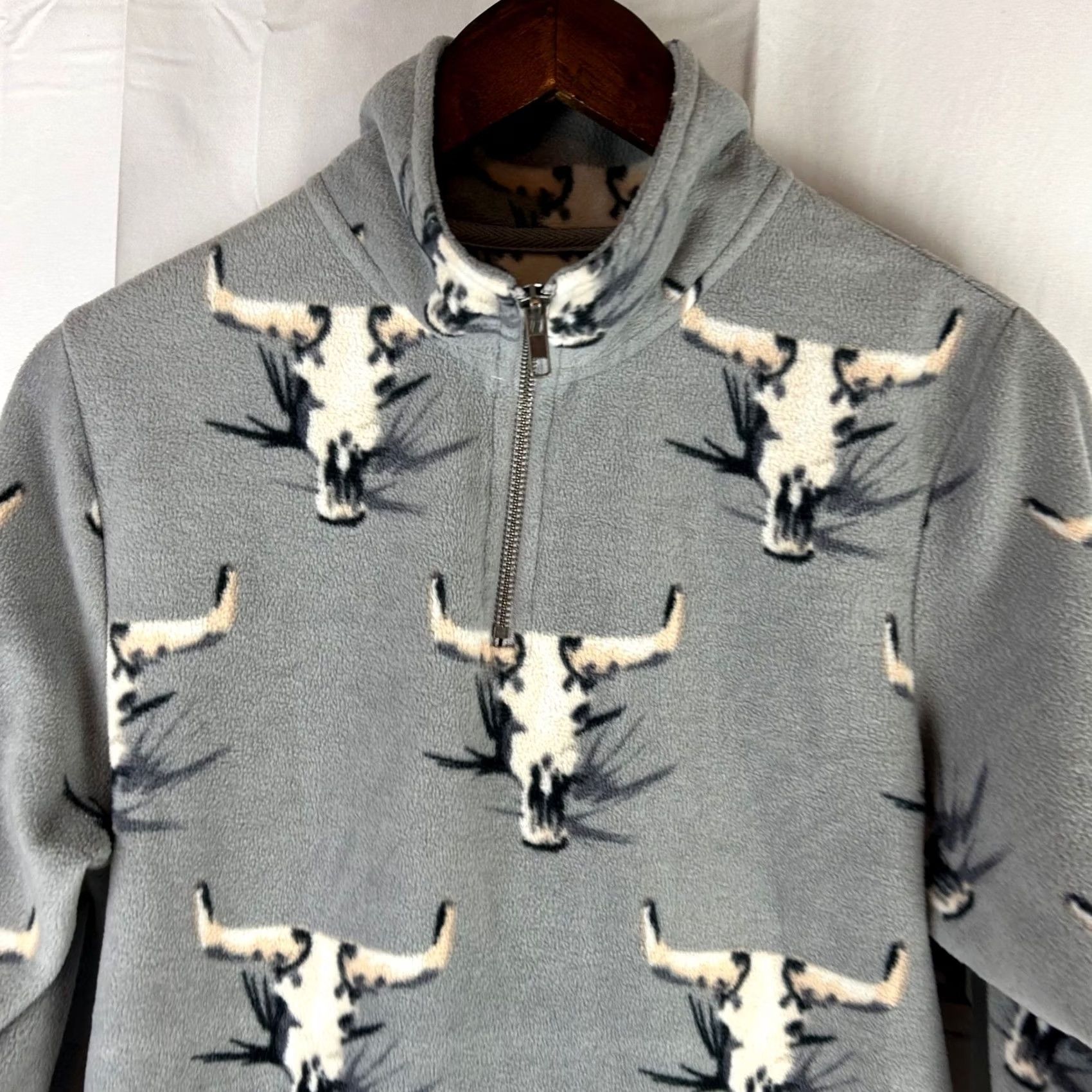Vintage Powder River Outfitters Gray Bull Skull Fleece 1/4 Zip Pullover Women's M Shirt Size M / US 6-8 / IT 42-44 - 2 Thumbnail