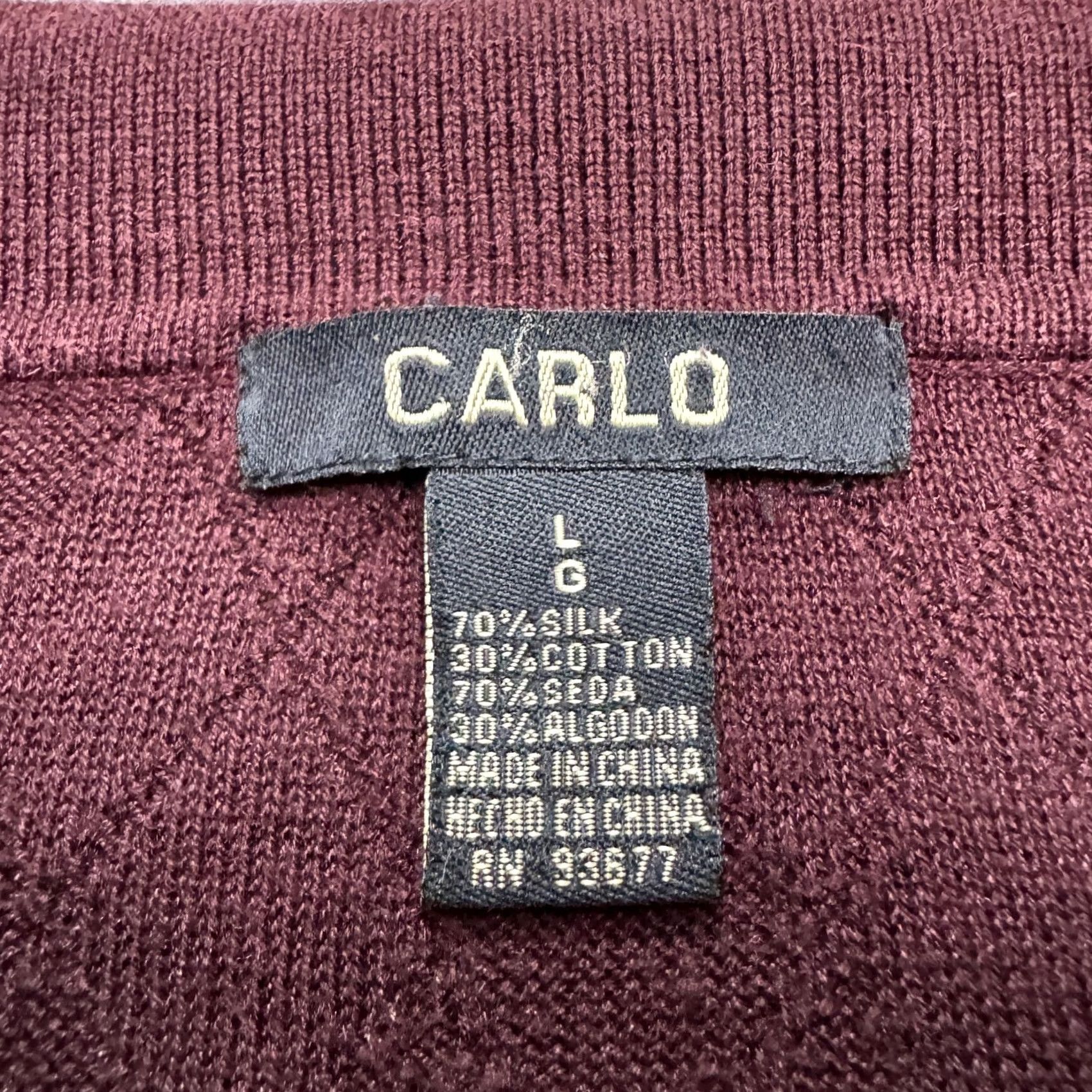 Vintage Carlo Argyle Polo Sweater Mens Large Burgundy Cotton Silk Knit Long Sleeve Buttoned Pullover Shirt Size US L / EU 52-54 / 3 - 5 Thumbnail
