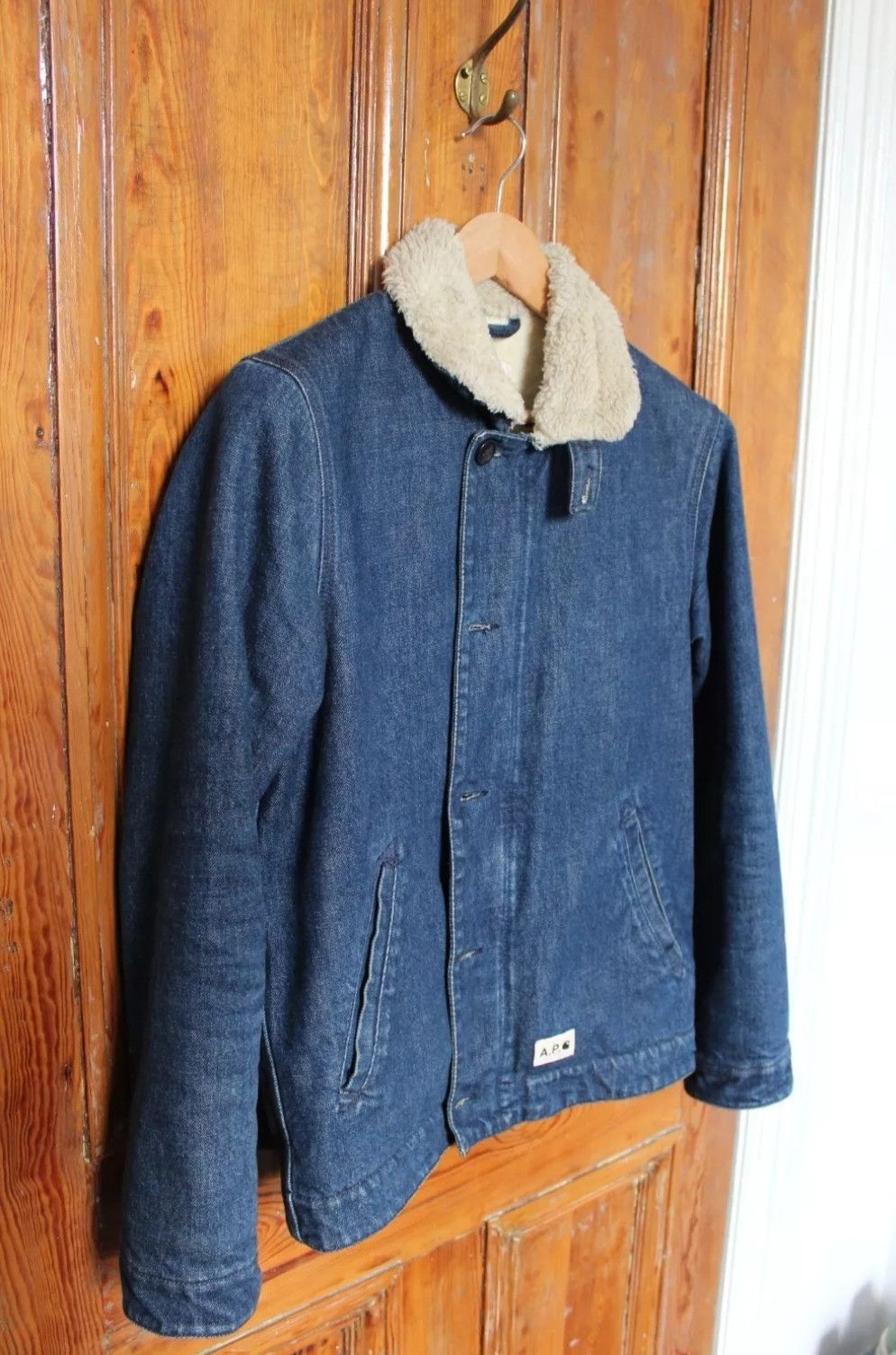 image of A P C x Carhartt Bristol Sherpa Denim Jacket in Blue, Men's (Size XS)