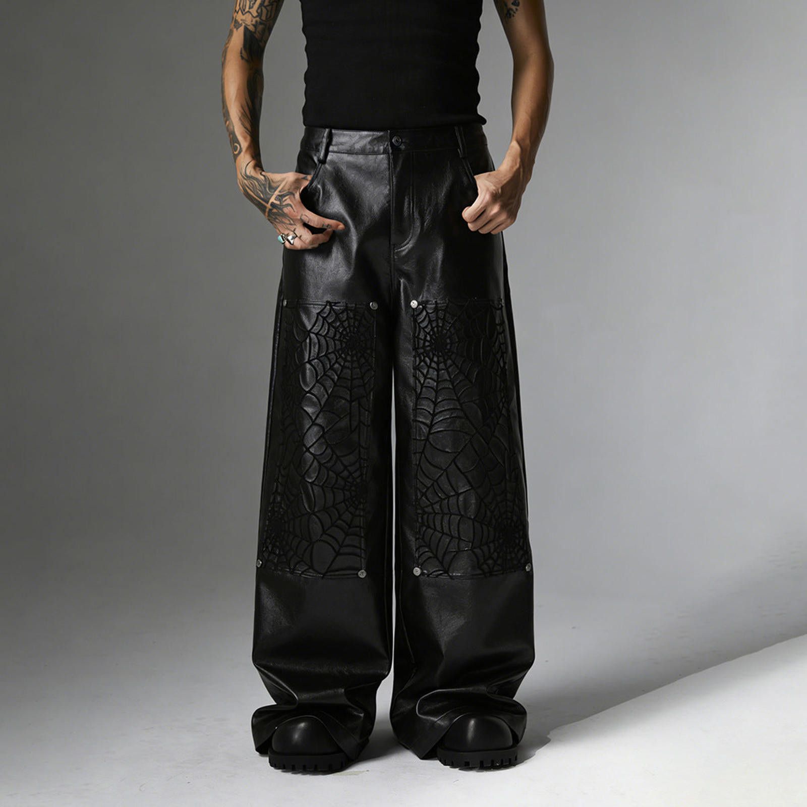 Japanese Brand Black Wide Leg Leather Pants, Embossed Spiderweb Design Size US 32 / EU 48 - 1 Thumbnail