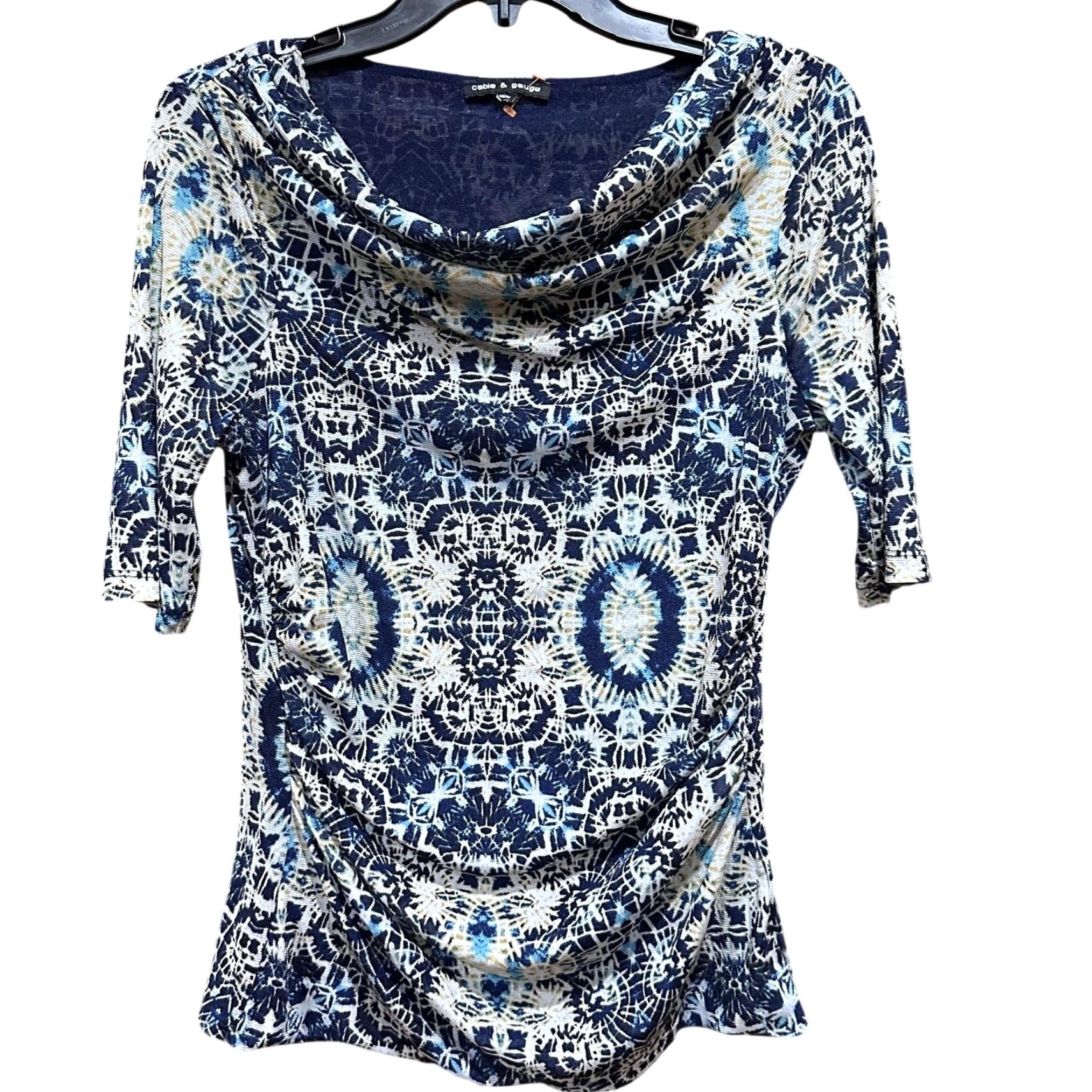 Vintage Cable & Gauge Shirt Blue Cowl Neck Ruched Stretch Boho Y2K All Over Print No Size S Women Vintage Not Included Size S / US 4 / IT 40 - 2 Thumbnail