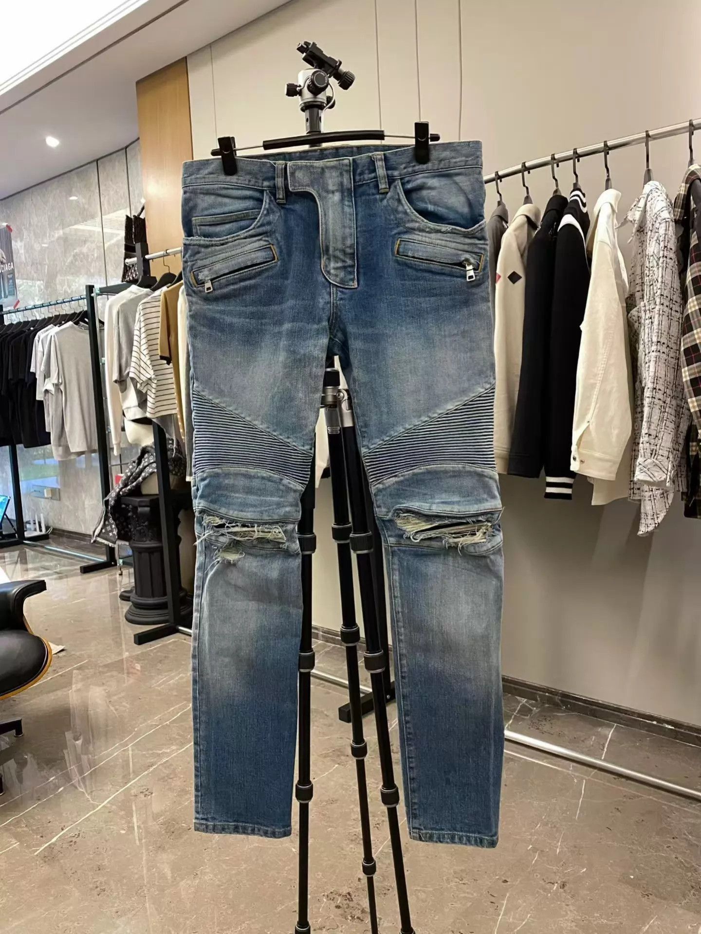 Balmain Blue Distressed Moto-Style Denim Jeans Size US 32 / EU 48 - 1 Thumbnail