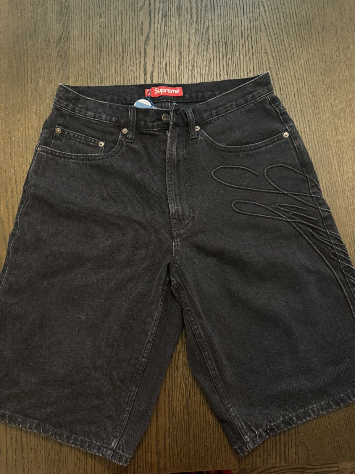 Supreme Supreme Script Baggy Denim Short Washed Black | Grailed