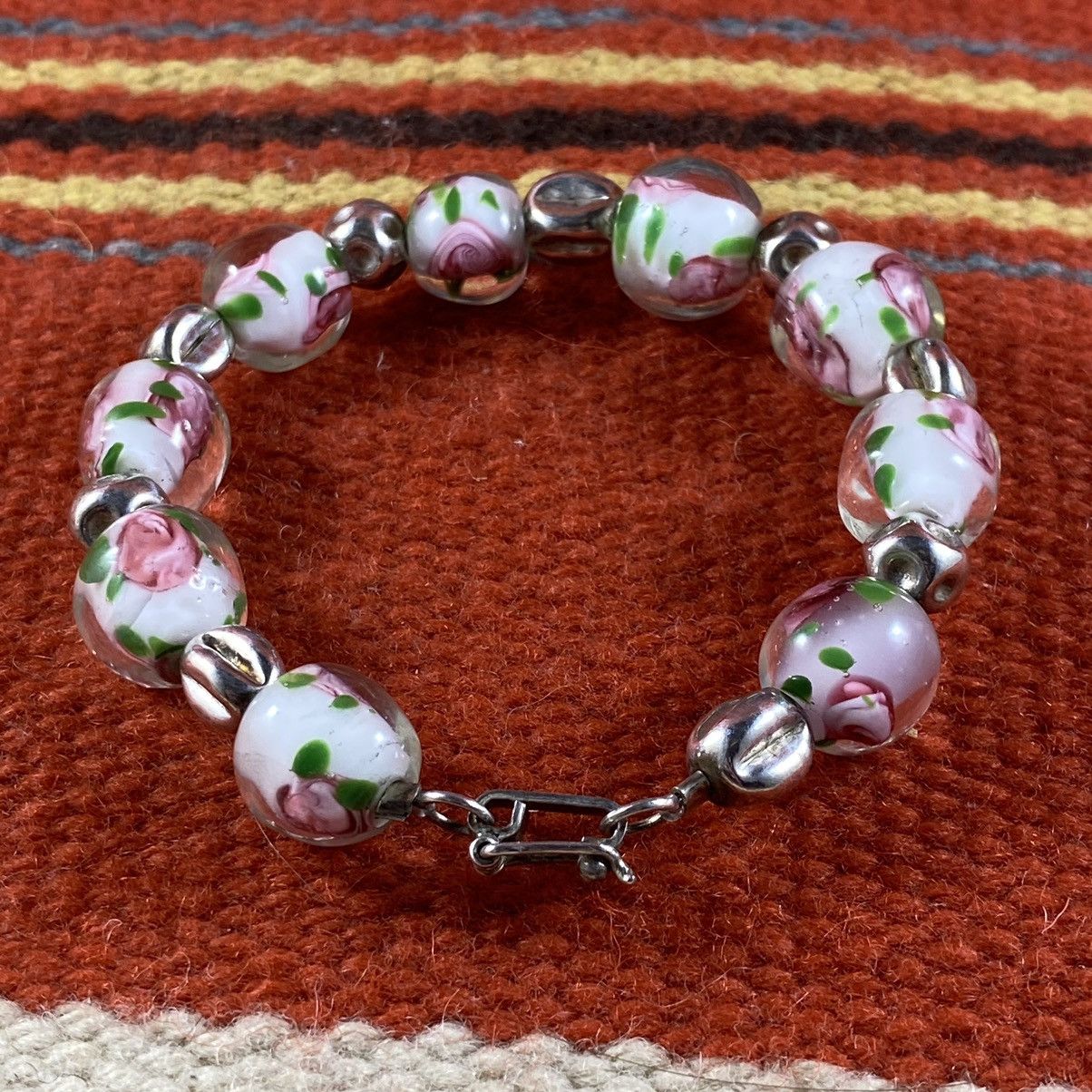 Vintage Vtg Rose Lampwork Sterling Silver Chunky Beaded Bracelet Size ONE SIZE - 2 Thumbnail