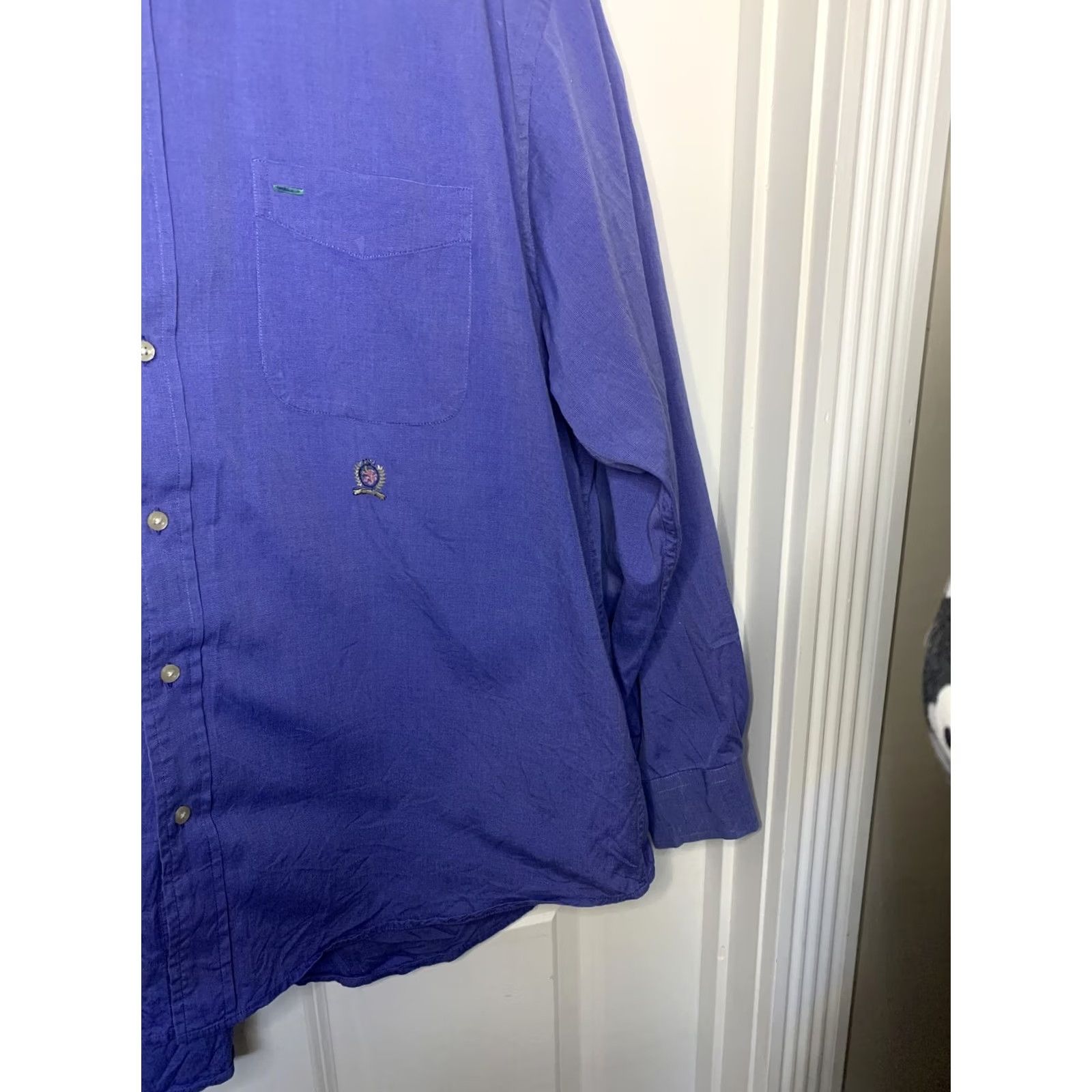 Tommy Hilfiger Tommy Hilfiger Button-Up Shirt Men XL 80s Blue 2 Ply Cotton Solid Collar Long Sleeve Dress Shirt Mens Size 46R - 5 Thumbnail