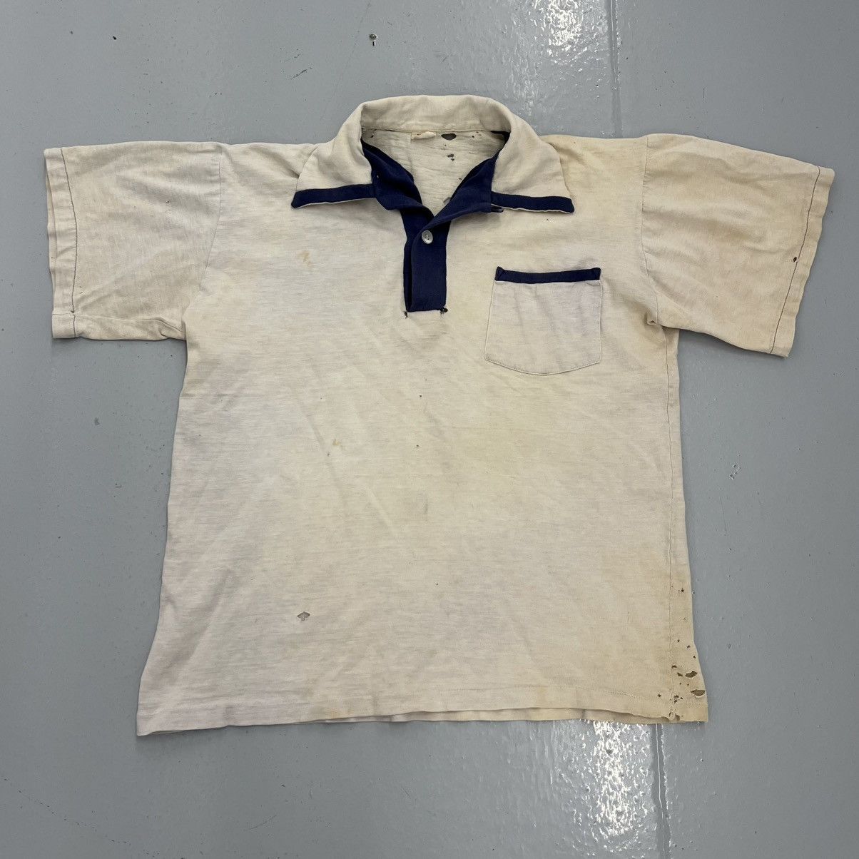 Vintage 60s Penney's White/Navy Cotton Loop Collar Polo