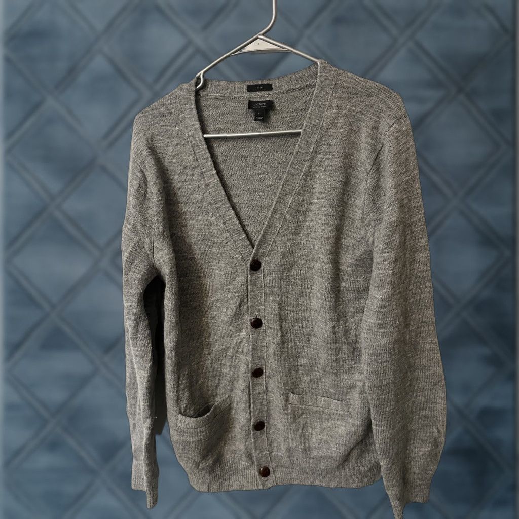 J.Crew J.CREW Cardigan Sweater Slim Fit Mens L V-Neck Gray Merino Wool Elbow Patches Size US L / EU 52-54 / 3 - 1 Thumbnail
