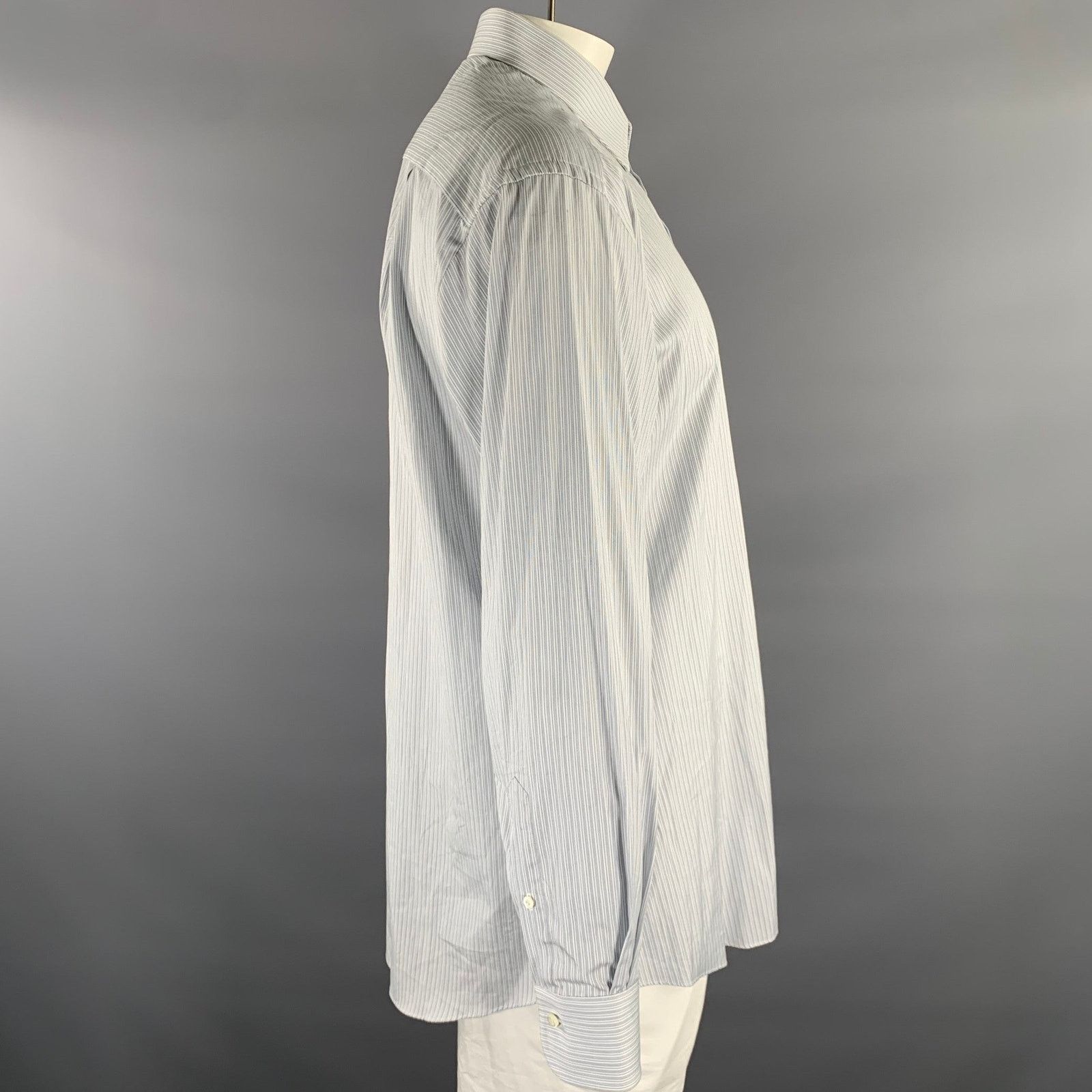 Ermenegildo Zegna ERMENEGILDO ZEGNA XL Grey White Stripe Cotton LS Shirt Size US XL / EU 56 / 4 - 2 Thumbnail