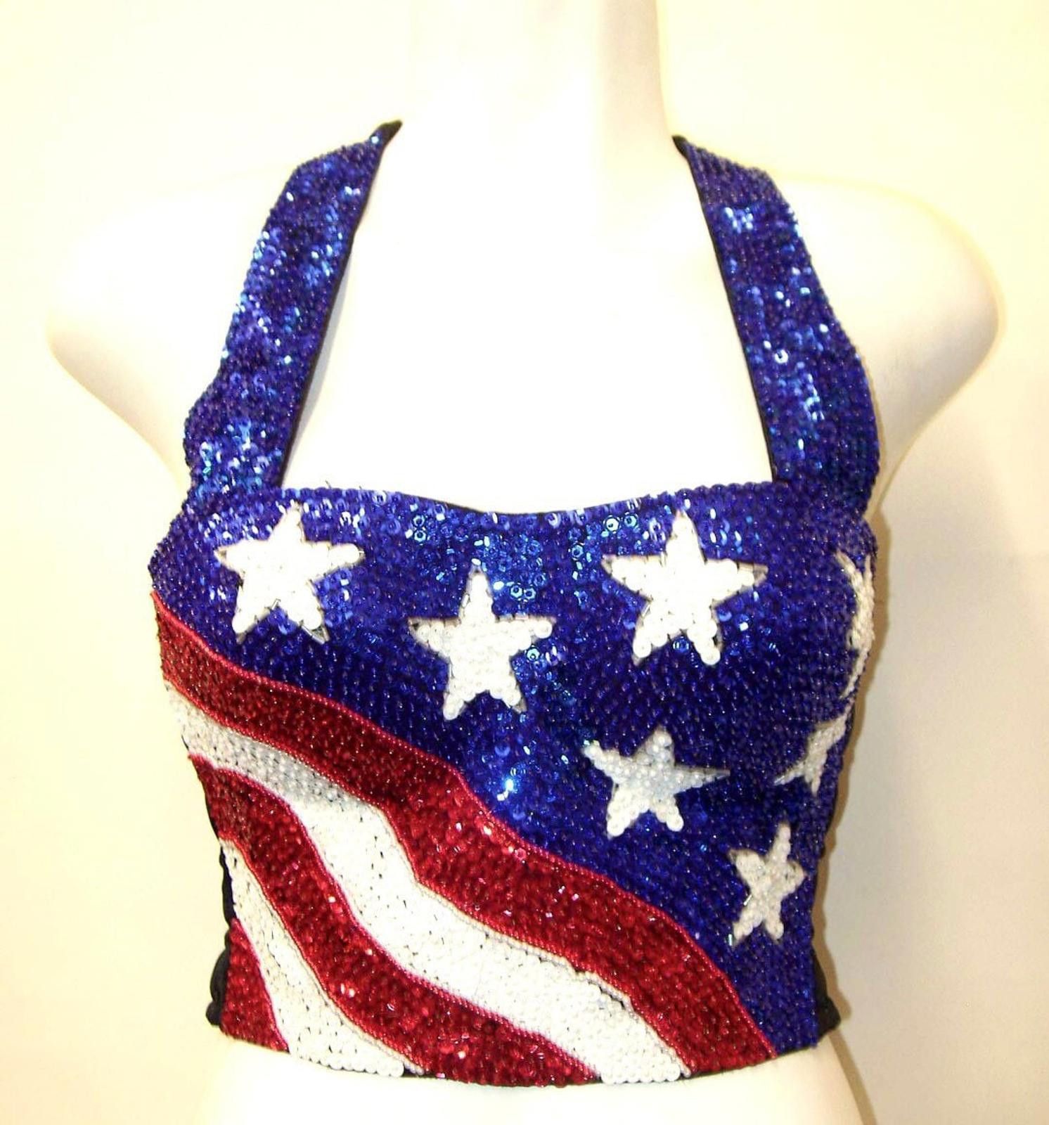 Designer Sequin Bustier Halter Top USA WAVY FLAG size 2X only Size XS / US 0-2 / IT 36-38 - 1 Preview
