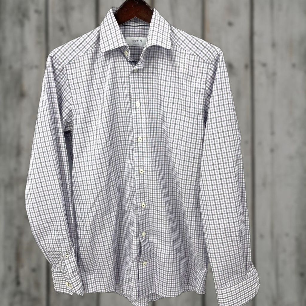 Eton VINTAGE Etón Men’s Slim Fit Plaid Shirt 38 Gray Long Sleeve Button-Up Business Casual Size US M / EU 48-50 / 2 - 1 Thumbnail