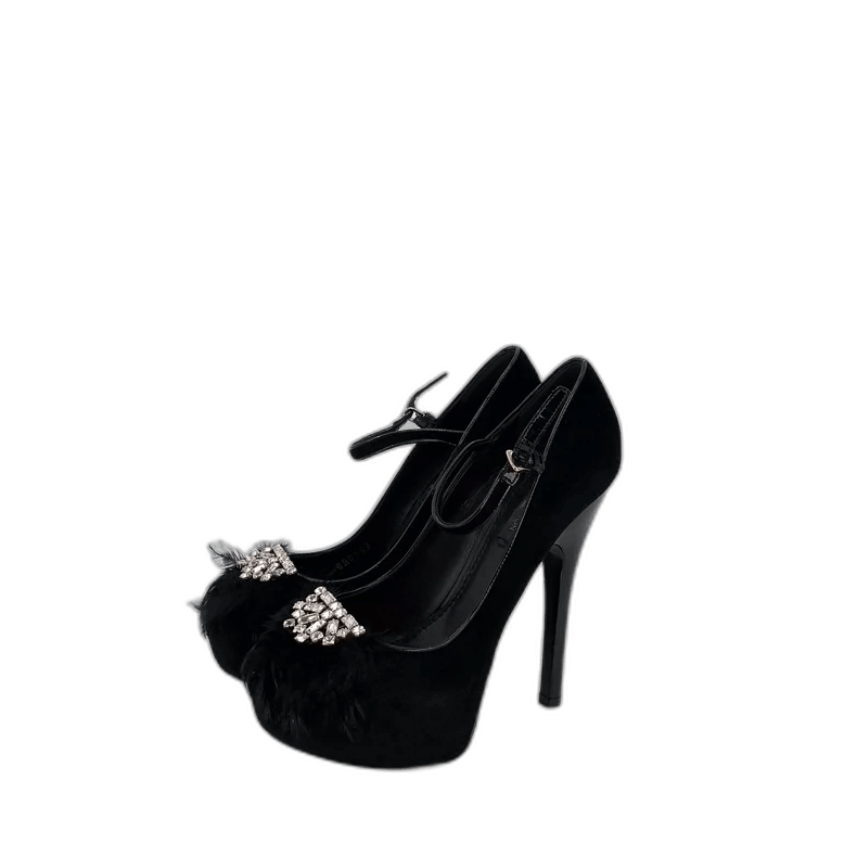 Louis Vuitton Black Fur Trimmed High Heels with Diamonds-2506 Size US 6 / IT 36 - 1 Thumbnail