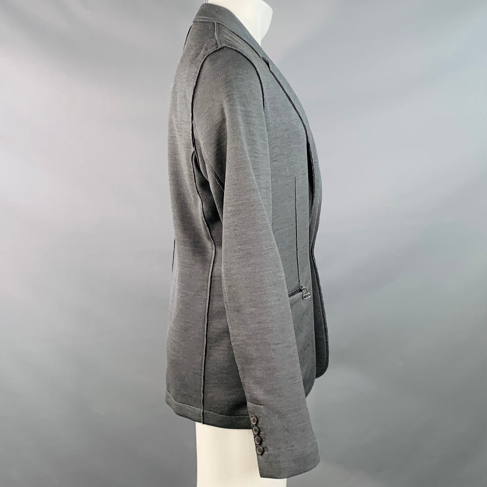 Size M Grey Silk Cotton Blend Snaps Notch Lapel Jacket