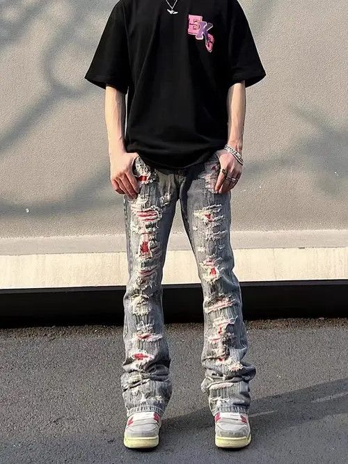 image of Vintage Embroidered Ripped Patch Micro-Flare Jeans in Blue, Men's (Size 32)