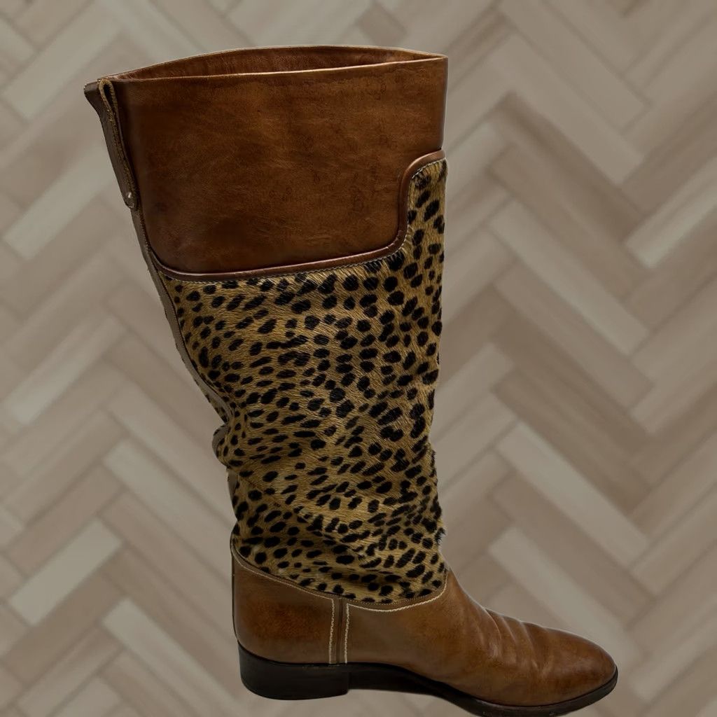 Vintage Studio Pollini Boots Womens 9 AA Brown Leather Knee High Animal Print Riding Boot Block Heel Leather Outsole Italy Vintage No Size US 9 / IT 39 - 1 Thumbnail