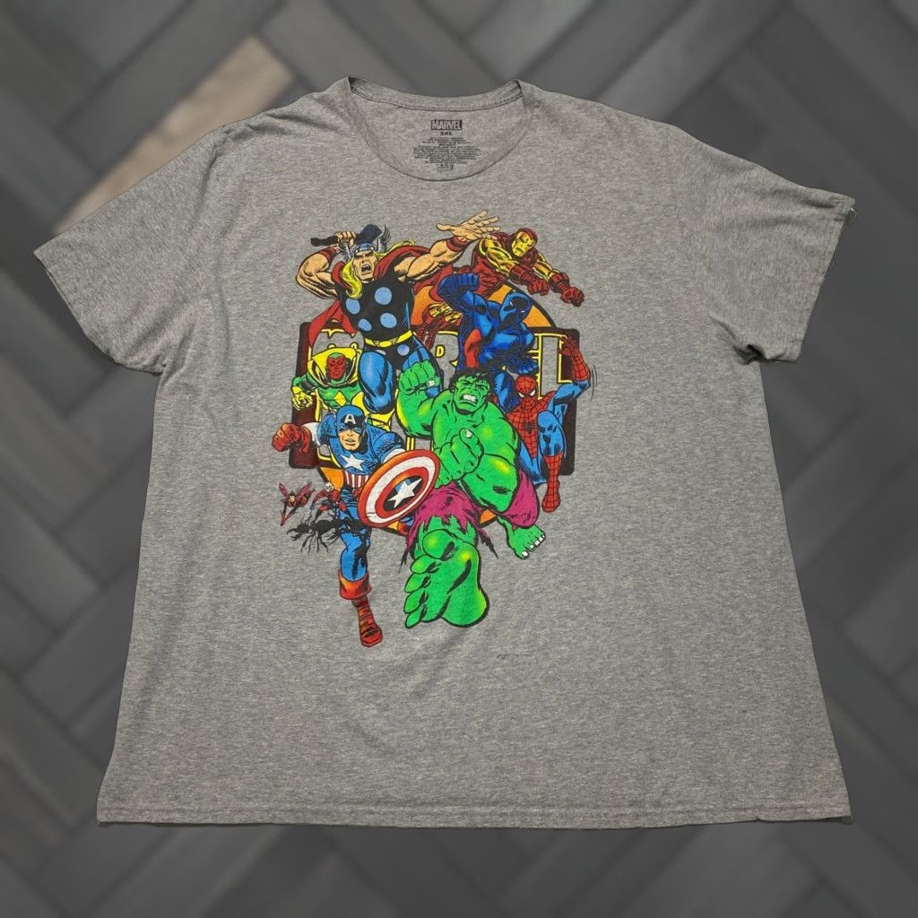 Vintage Marvel T-Shirt Mens 3XL Gray Graphic Print Short Sleeve Crew Neck Avengers Hulk Captain America Thor Iron Man Spider-Man Mens Size US XXL / EU 58 / 5 - 1 Thumbnail