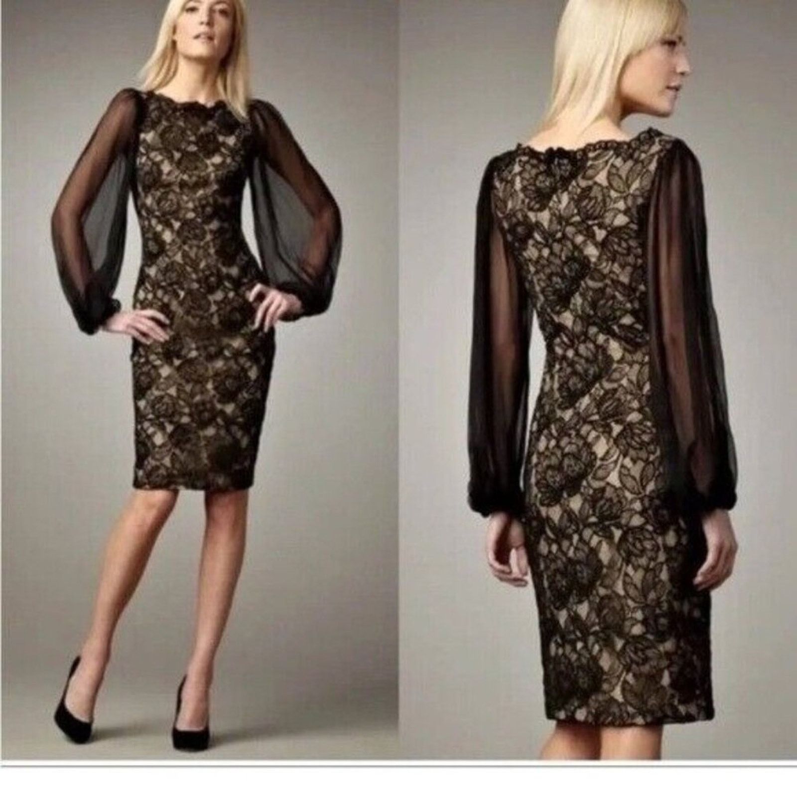 Tadashi Shoji Tadashi Shoji Black Lace Sheath Dress Midi Long Sleeve 8 Size M / US 6-8 / IT 42-44 - 14 Thumbnail
