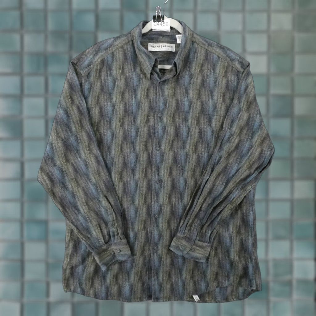 Jhane Barnes Shirt Mens L Long Sleeve Striped Woven Blue Green Geo Pattern Button-Up Collared Multicolor Colorful