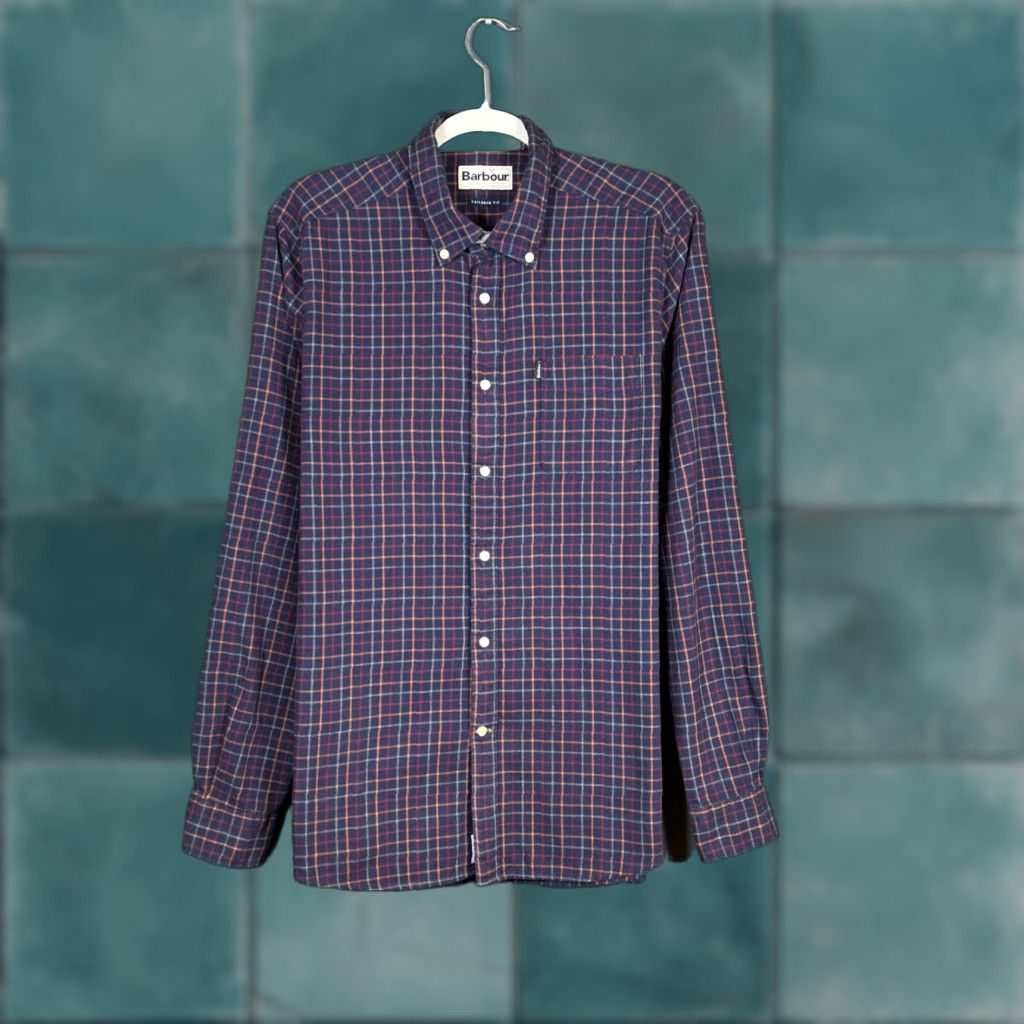 BARBOUR MENS BLUE FLANNEL SHIRT LONG SLEEVE BUTTON DOWN REGULAR FIT