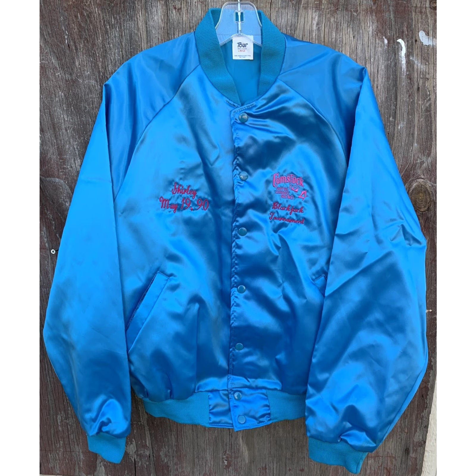 Vintage VINTAGE Tour Satin Jacket Unisex Adults L Blue Nylon Lining Embroidered 1990s 80s Casual Travel Pockets Snap Closure Size US L / EU 52-54 / 3 - 7 Thumbnail