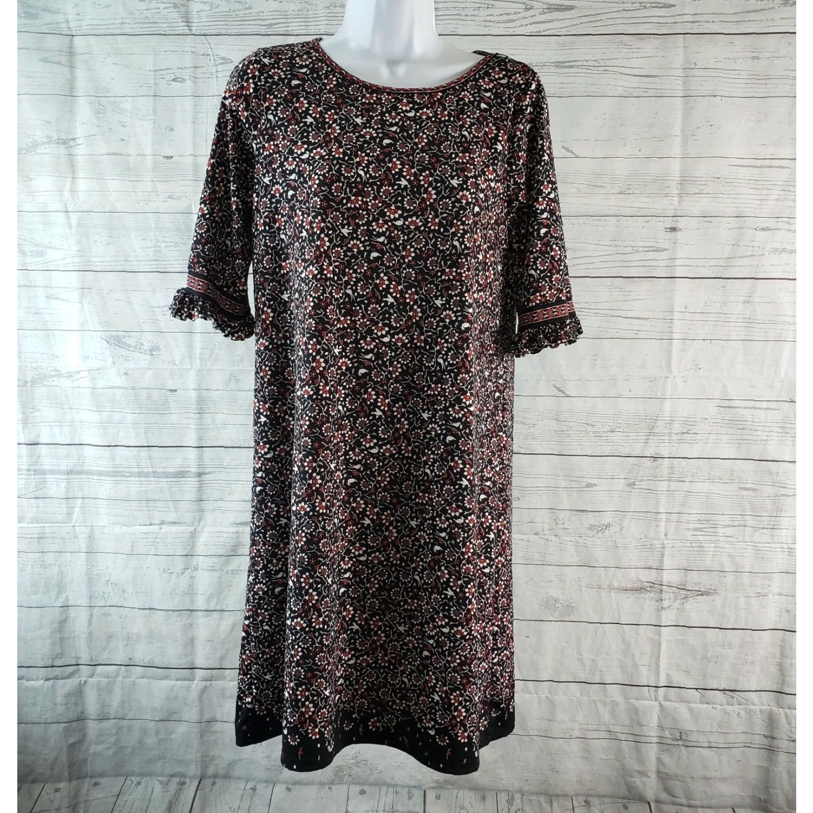 Vintage Max Studio Dress Womens Small Black Floral Bird Half Sleeve Round Neck Pullover Polyester Blend Shift Short Casual Womens Size S / US 4 / IT 40 - 2 Thumbnail