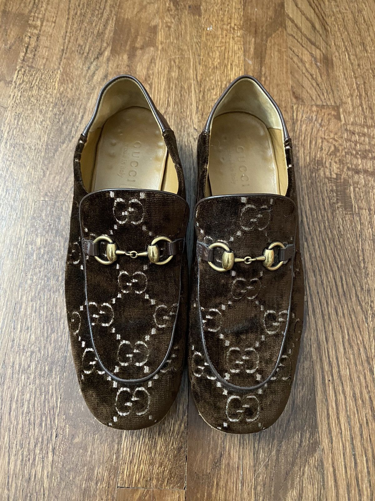 image of Gucci Horse Belt Brown Velvet Loafer, Men's (Size 7.5)