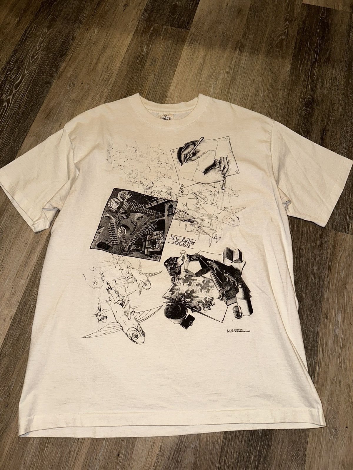 image of 1991 Vintage Mc Escher Collage Art Tee in White, Men's (Size XL)