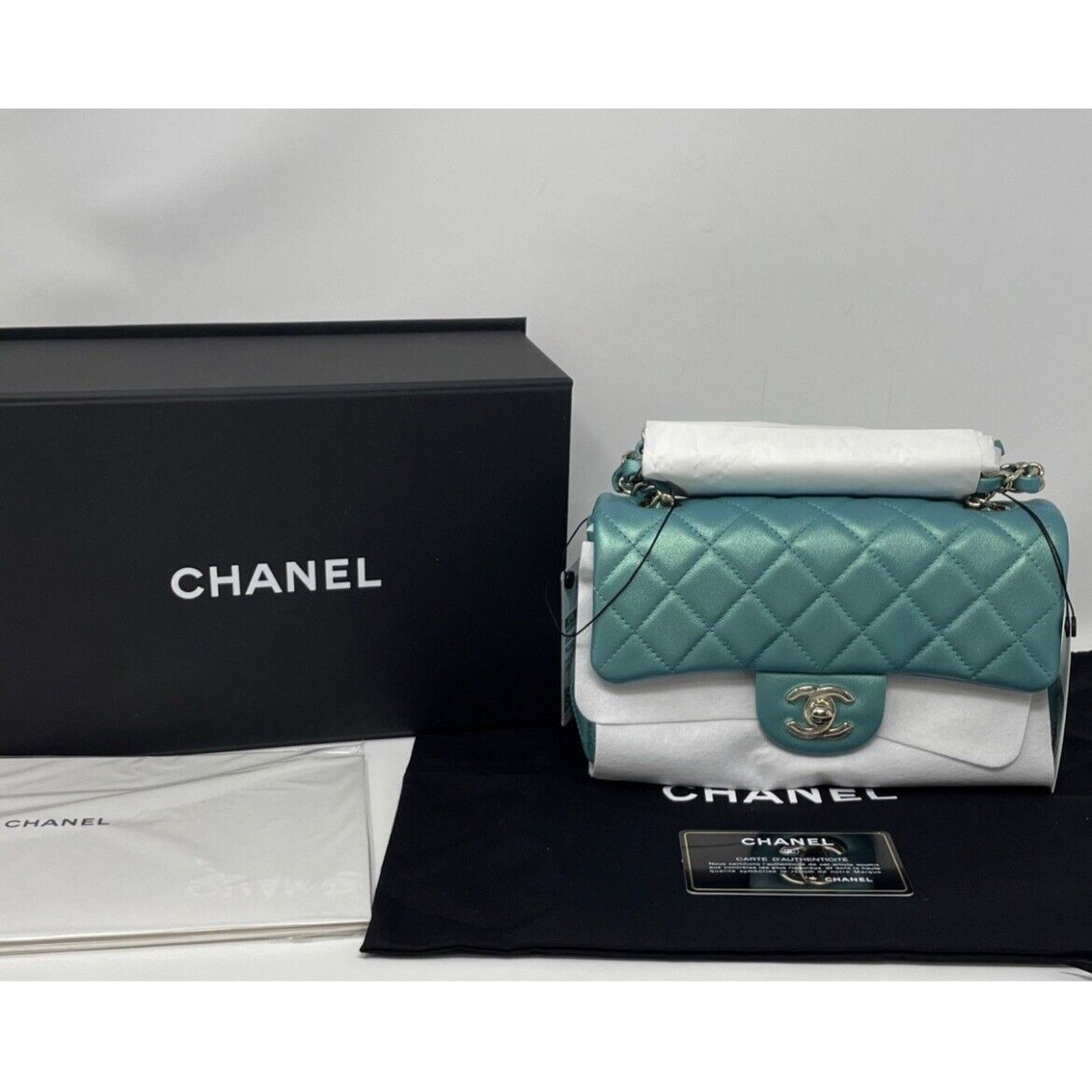 Chanel Mini Rectangular Classic 21S Green Iridescent Flap
