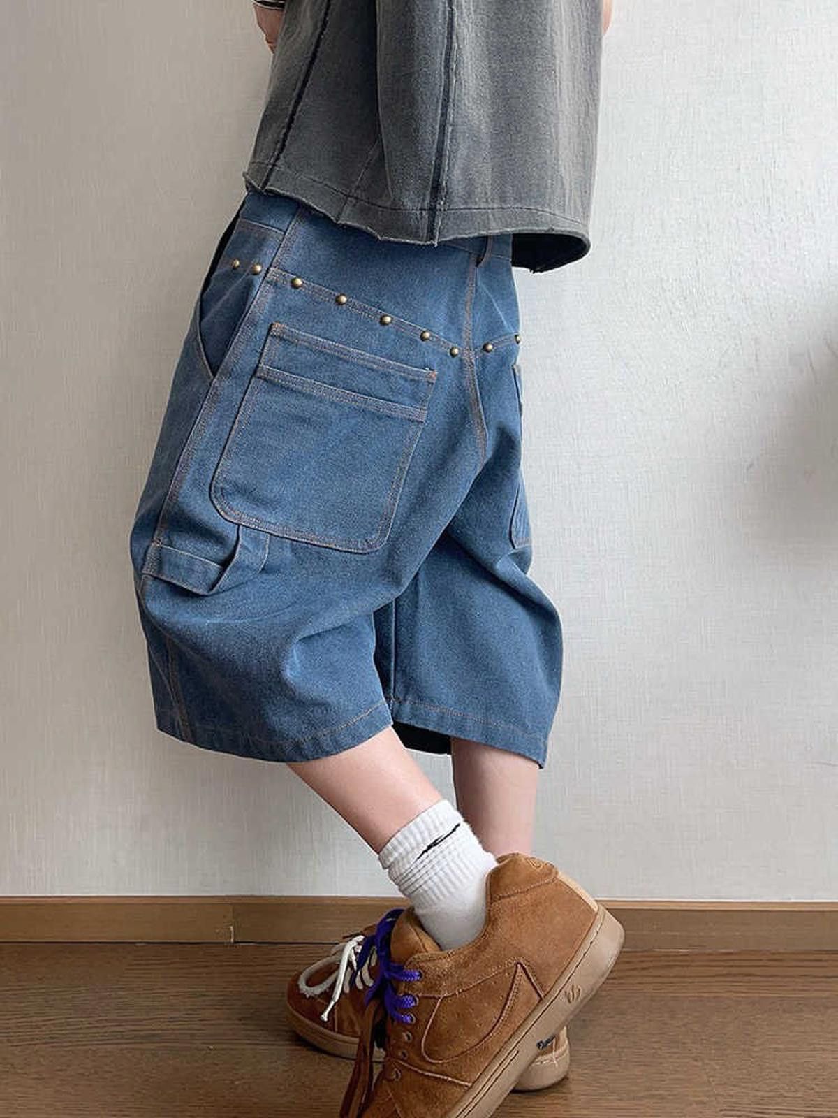 Jean × Vintage Baggy Wide Leg Pearl Rivet Heavy Denim Blue Shorts / Jorts Size US 32 / EU 48 - 1 Thumbnail