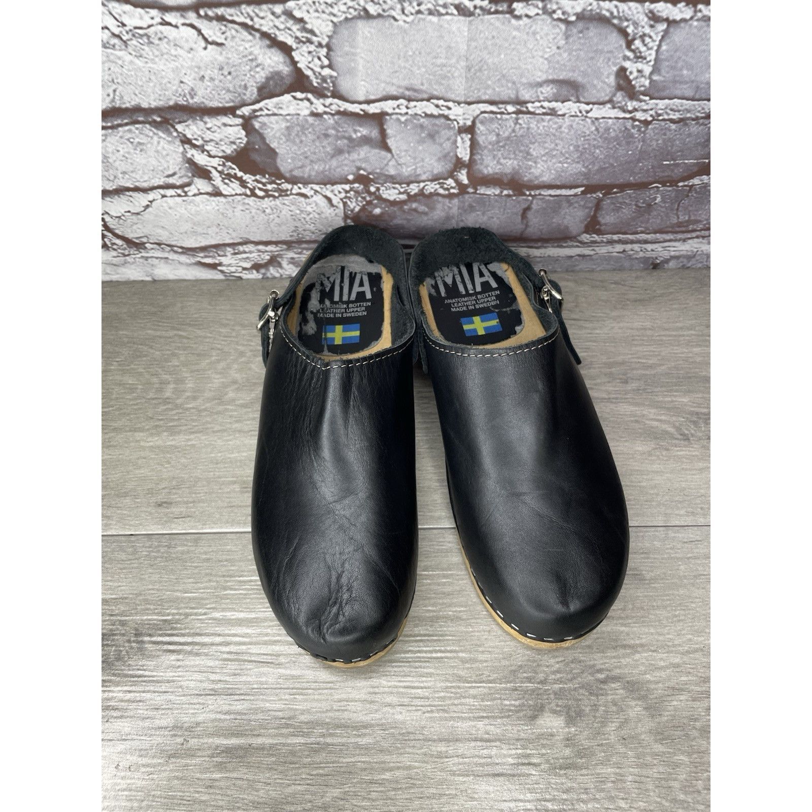 Miansai MIA Alma Swedish Black Leather Wooden Heel Strap Clogs Women Size US 9.5 / IT 39.5 - 13 Thumbnail